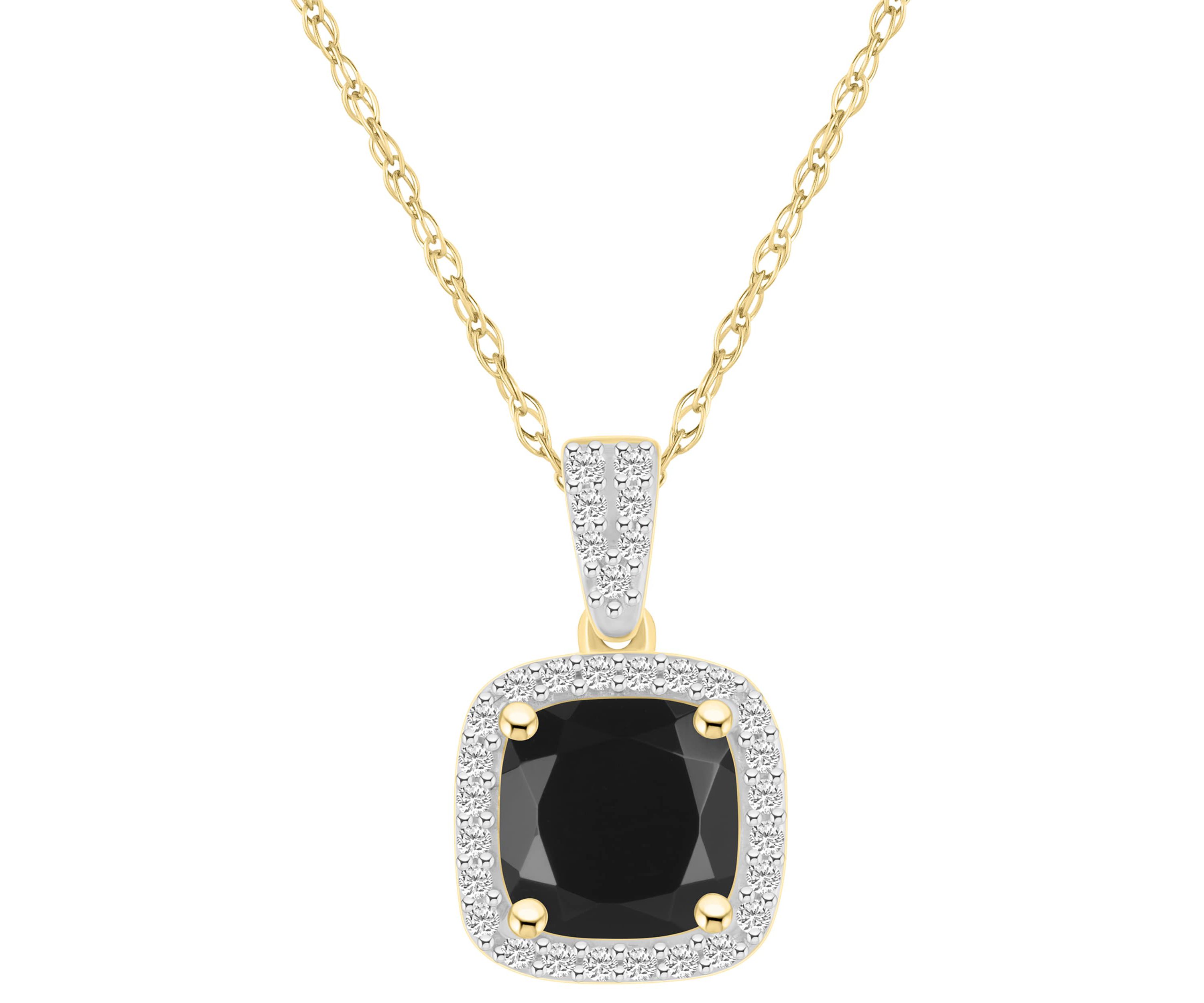 10K White Gold 7mm Cushion Black Onyx & Created White Sapphire Halo Pendant Necklace