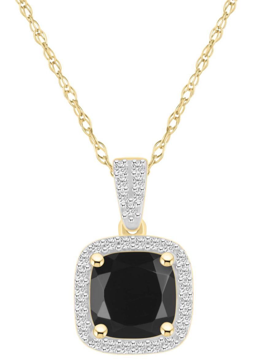 10K White Gold 7mm Cushion Black Onyx & Created White Sapphire Halo Pendant Necklace