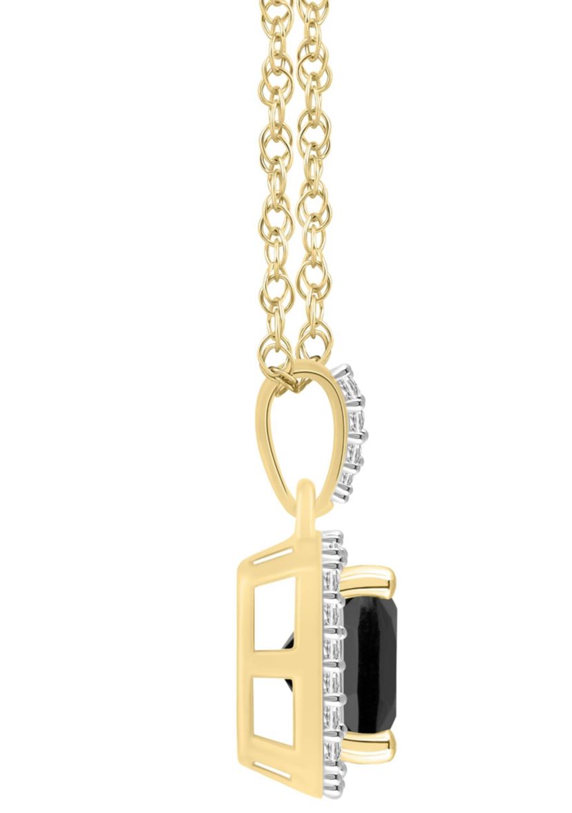10K White Gold 7mm Cushion Black Onyx & Created White Sapphire Halo Pendant Necklace