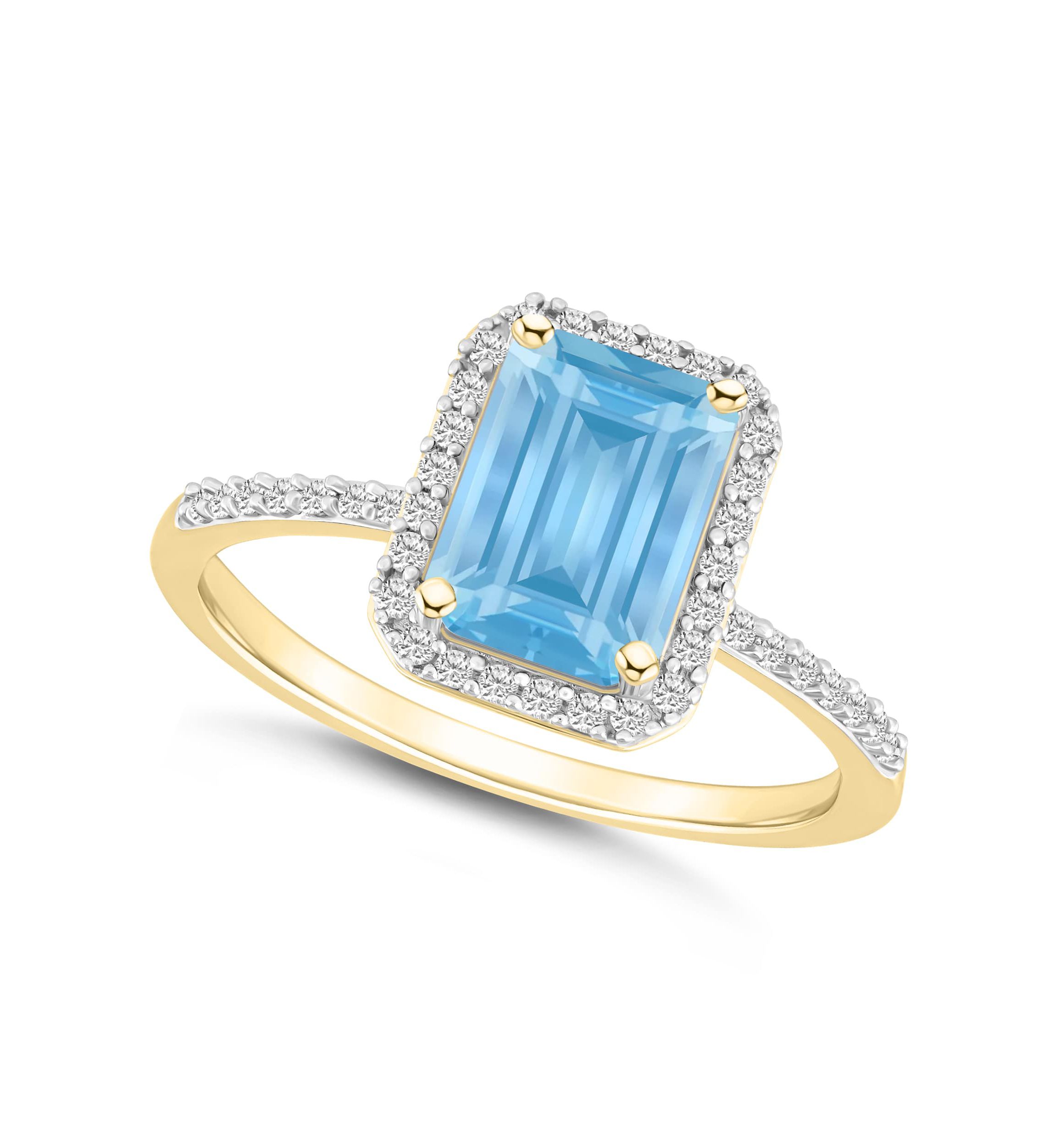 Lab Created 10K Yellow Gold 8x6mm Emerald Cut Simulated Aquamarine & Created White Sapphire Halo Ring