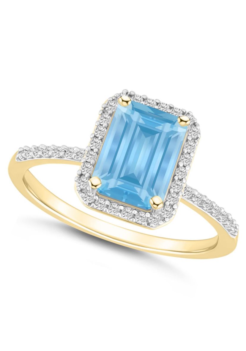 Lab Created 10K Yellow Gold 8x6mm Emerald Cut Simulated Aquamarine & Created White Sapphire Halo Ring