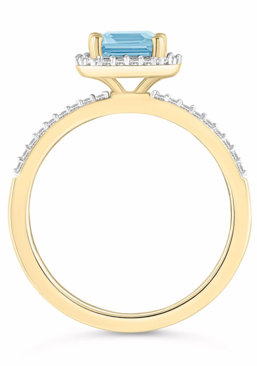 Lab Created 10K Yellow Gold 8x6mm Emerald Cut Simulated Aquamarine & Created White Sapphire Halo Ring