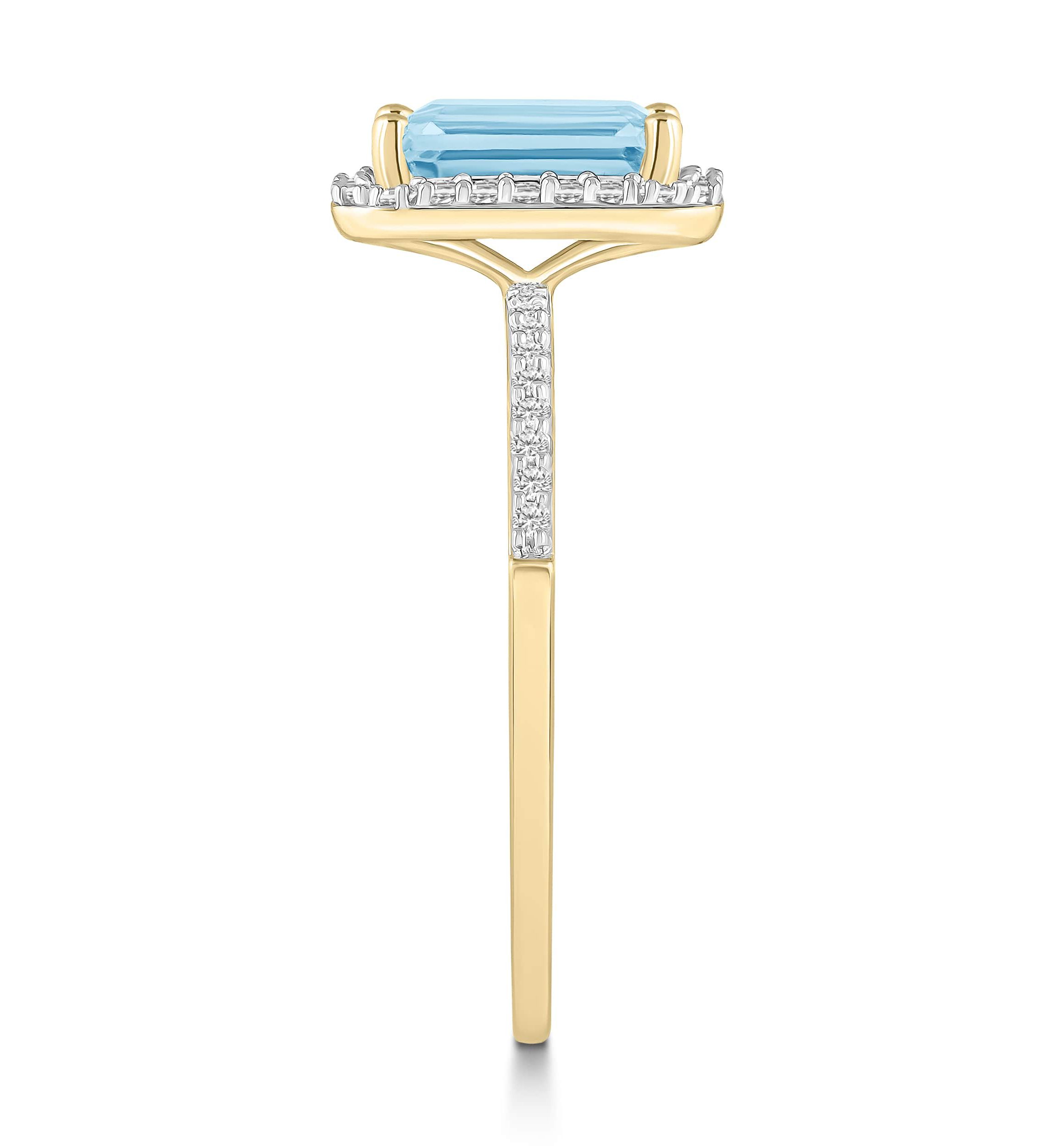 Lab Created 10K Yellow Gold 8x6mm Emerald Cut Simulated Aquamarine & Created White Sapphire Halo Ring