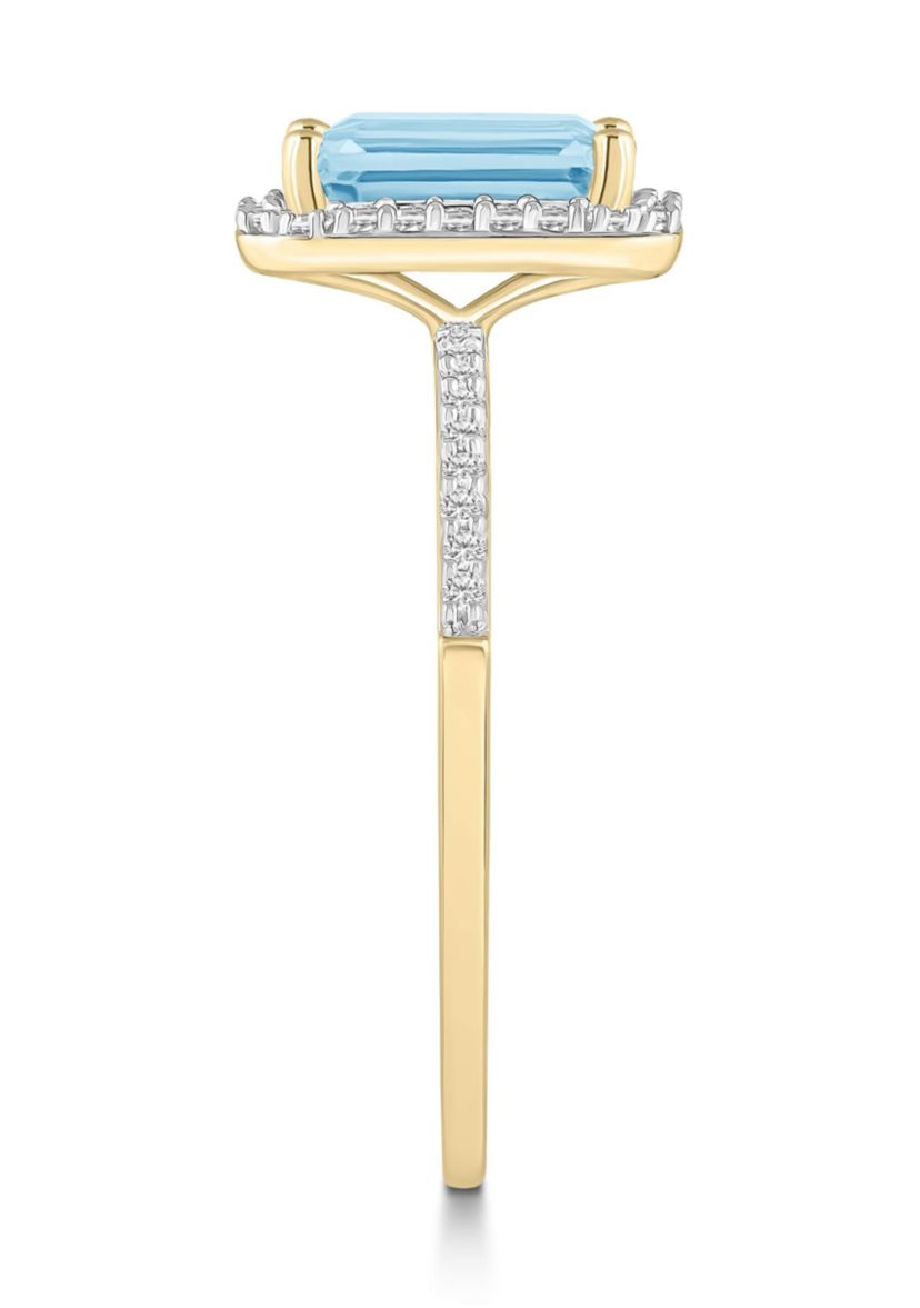 Lab Created 10K Yellow Gold 8x6mm Emerald Cut Simulated Aquamarine & Created White Sapphire Halo Ring