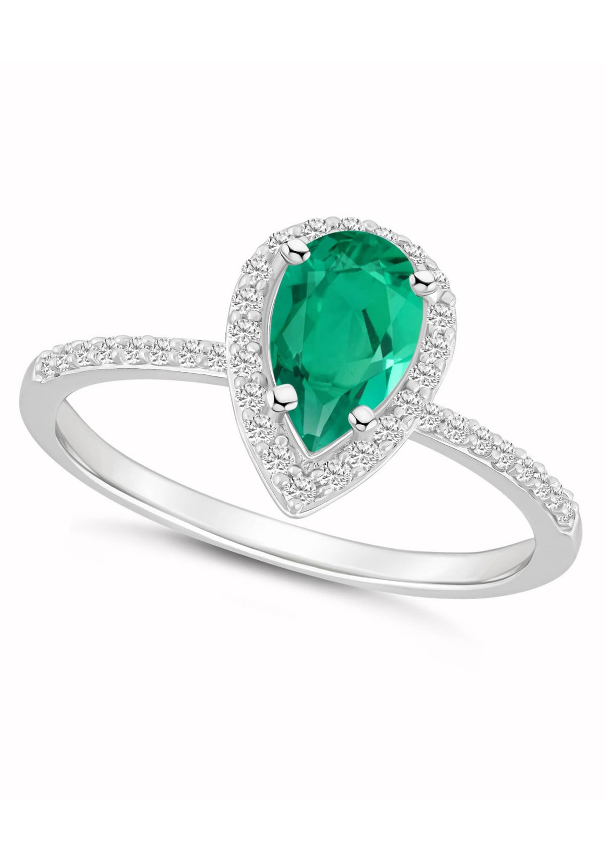 Lab Created 10K White Gold 8x5mm Pear Shape Created Emerald & Created White Sapphire Halo Ring