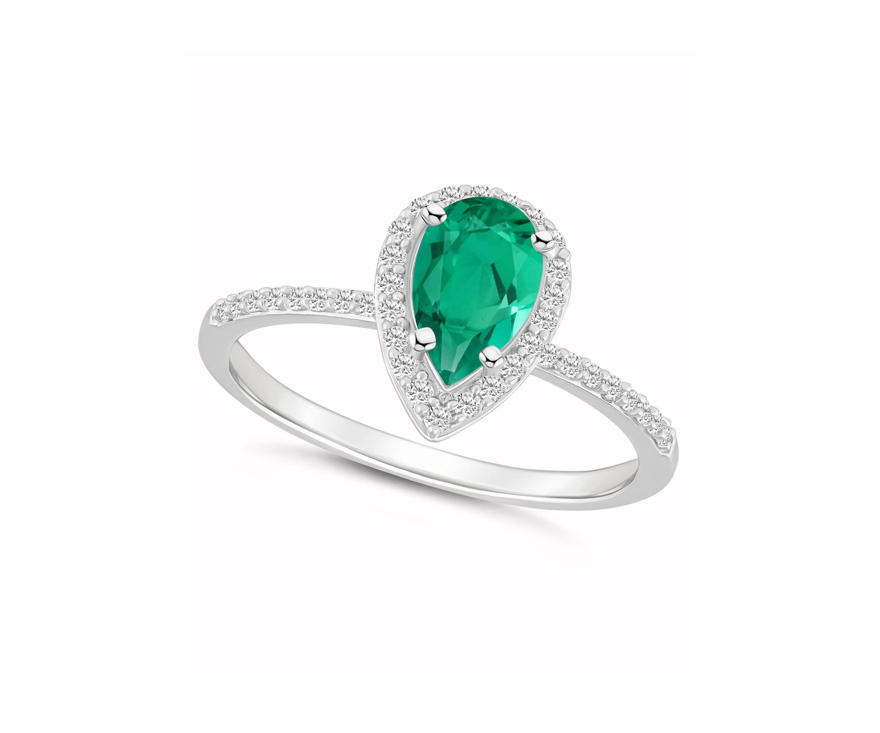 Lab Created 10K White Gold 8x5mm Pear Shape Created Emerald & Created White Sapphire Halo Ring