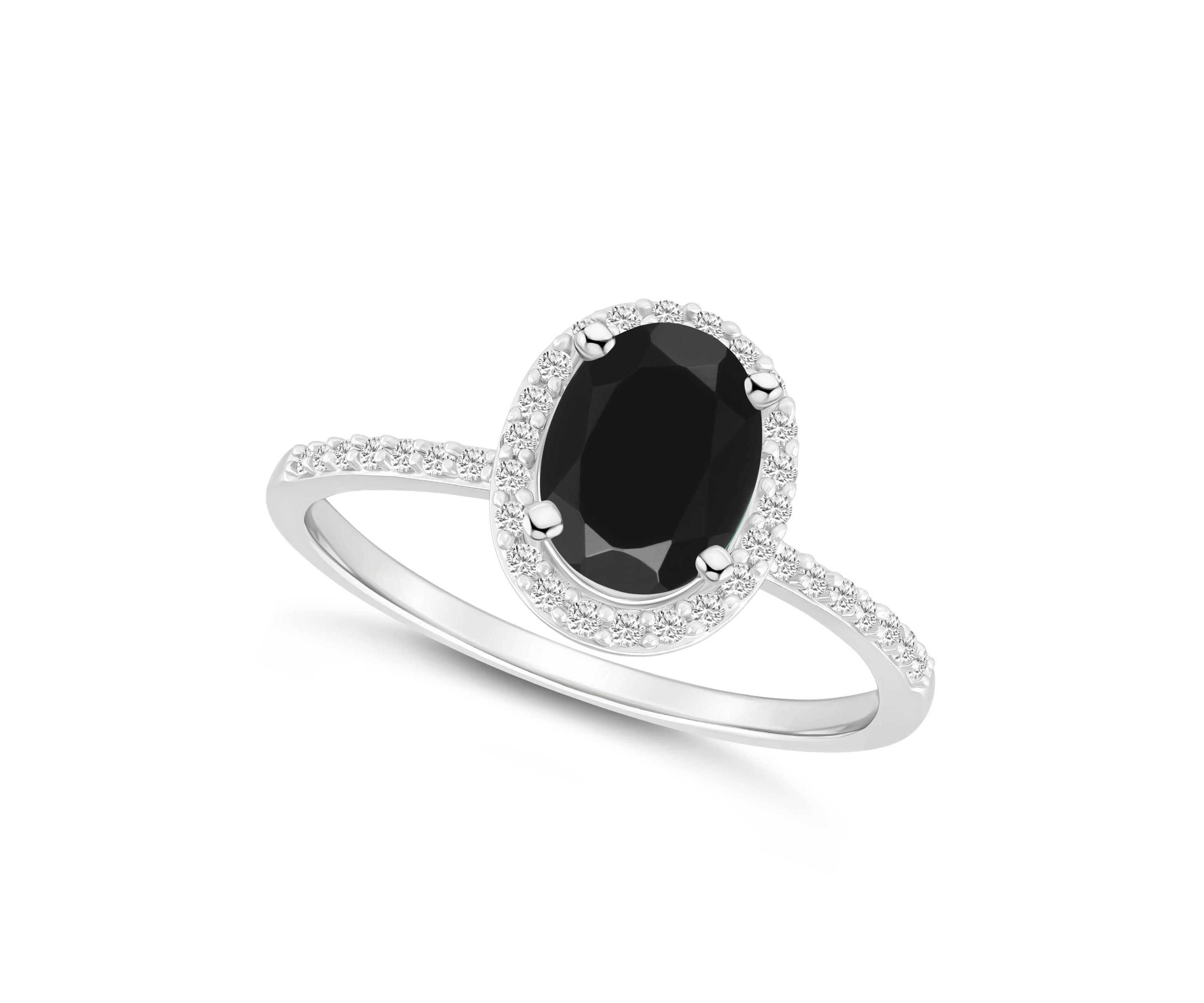 10K White Gold 8x6mm Oval Black Onyx & Created White Sapphire Halo Ring