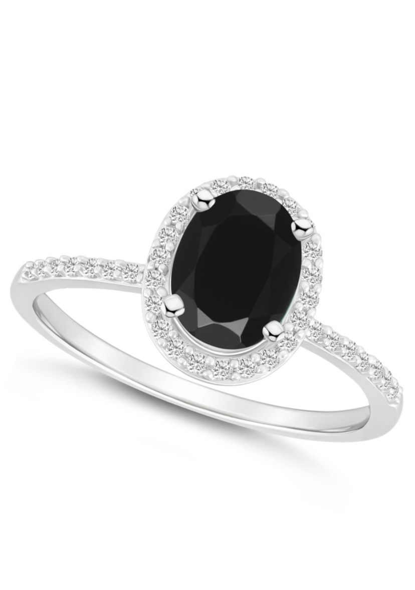 10K White Gold 8x6mm Oval Black Onyx & Created White Sapphire Halo Ring
