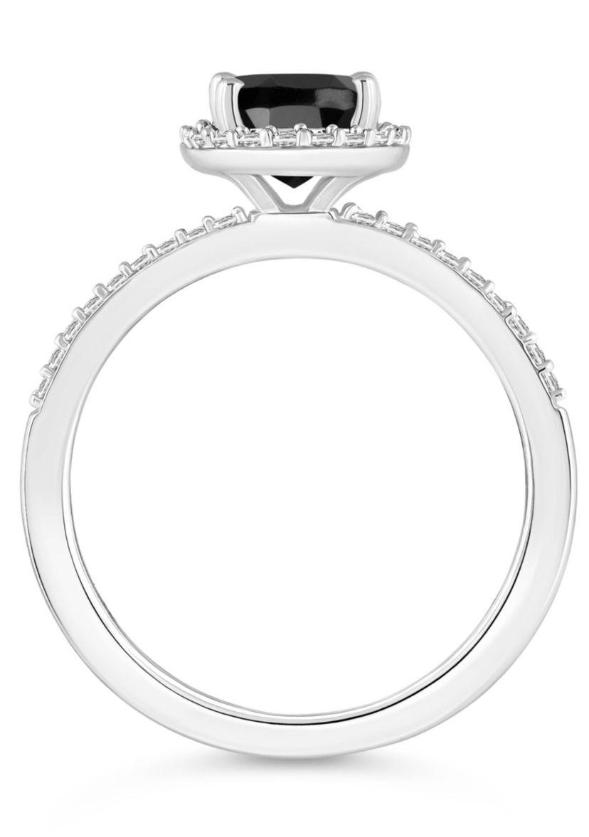 10K White Gold 8x6mm Oval Black Onyx & Created White Sapphire Halo Ring