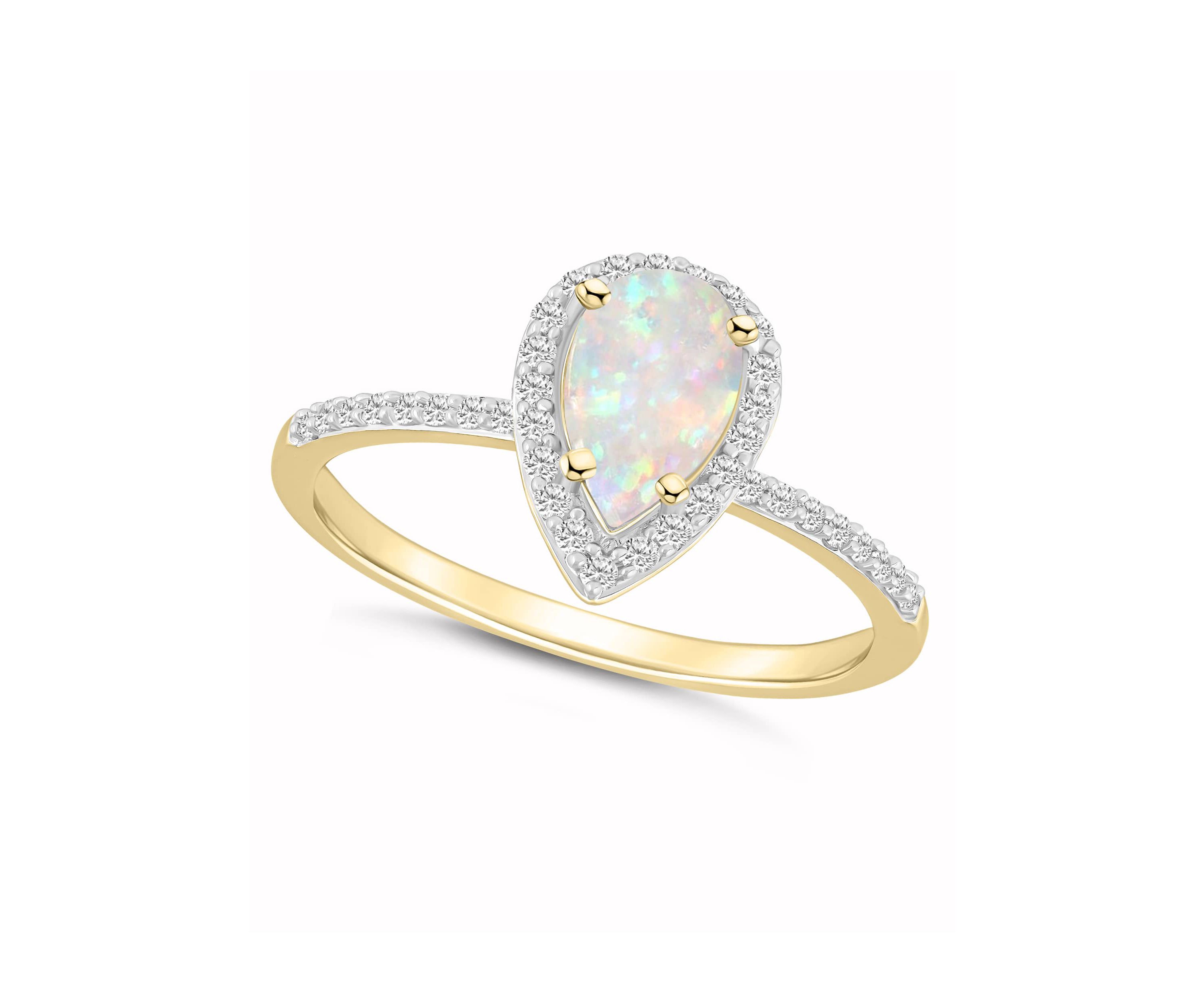 Lab Created 10K Yellow Gold 8x5mm Pear Shape Created Opal & Created White Sapphire Halo Ring