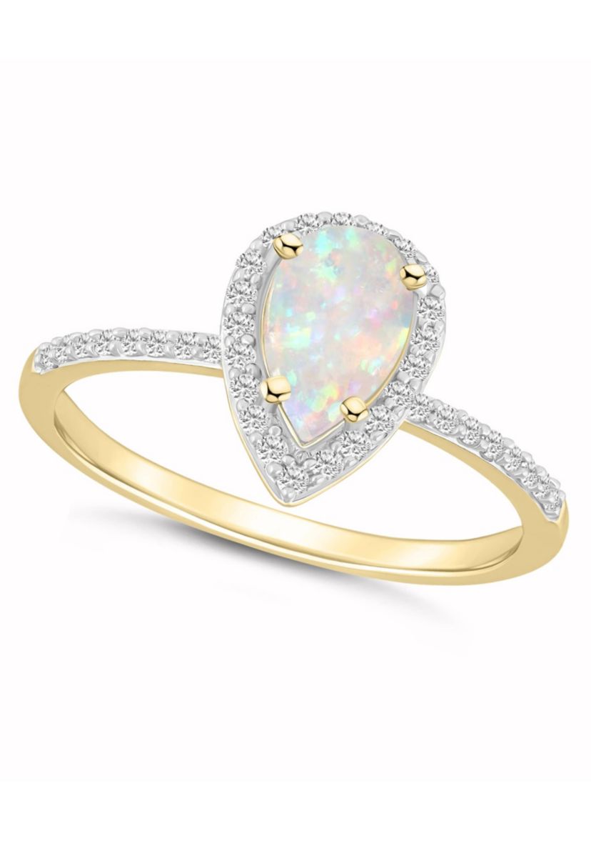 Lab Created 10K Yellow Gold 8x5mm Pear Shape Created Opal & Created White Sapphire Halo Ring