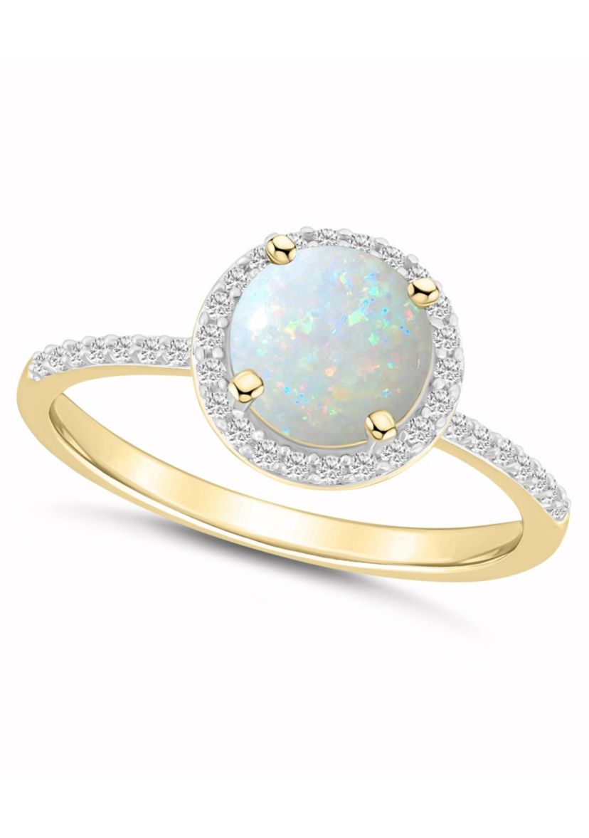Lab Created 10K Yellow Gold 7mm Round Created Opal & Created White Sapphire Halo Ring