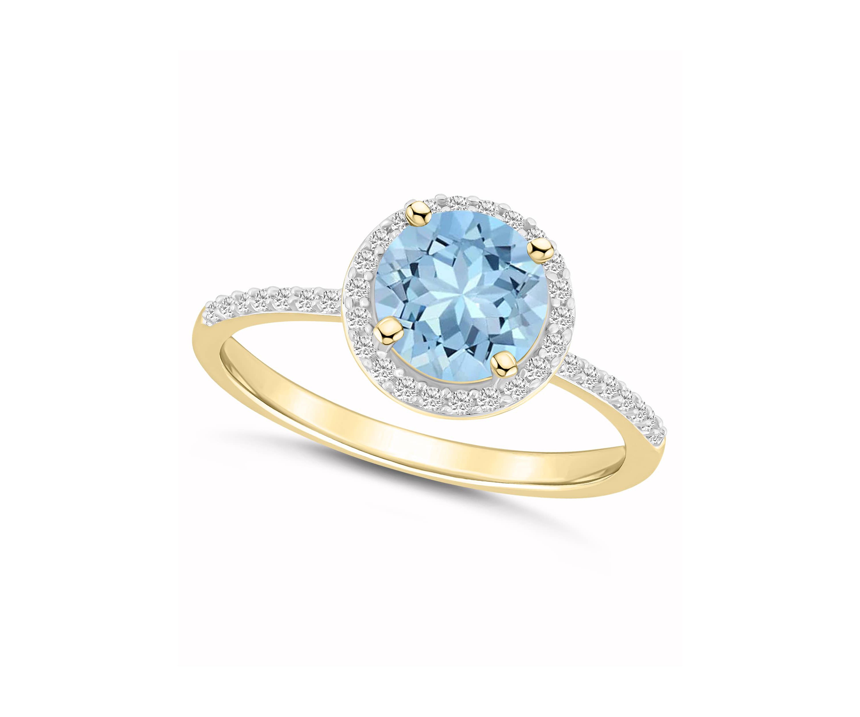 Lab Created 10K Yellow Gold 7mm Round Simulated Aquamarine & Created White Sapphire Halo Ring