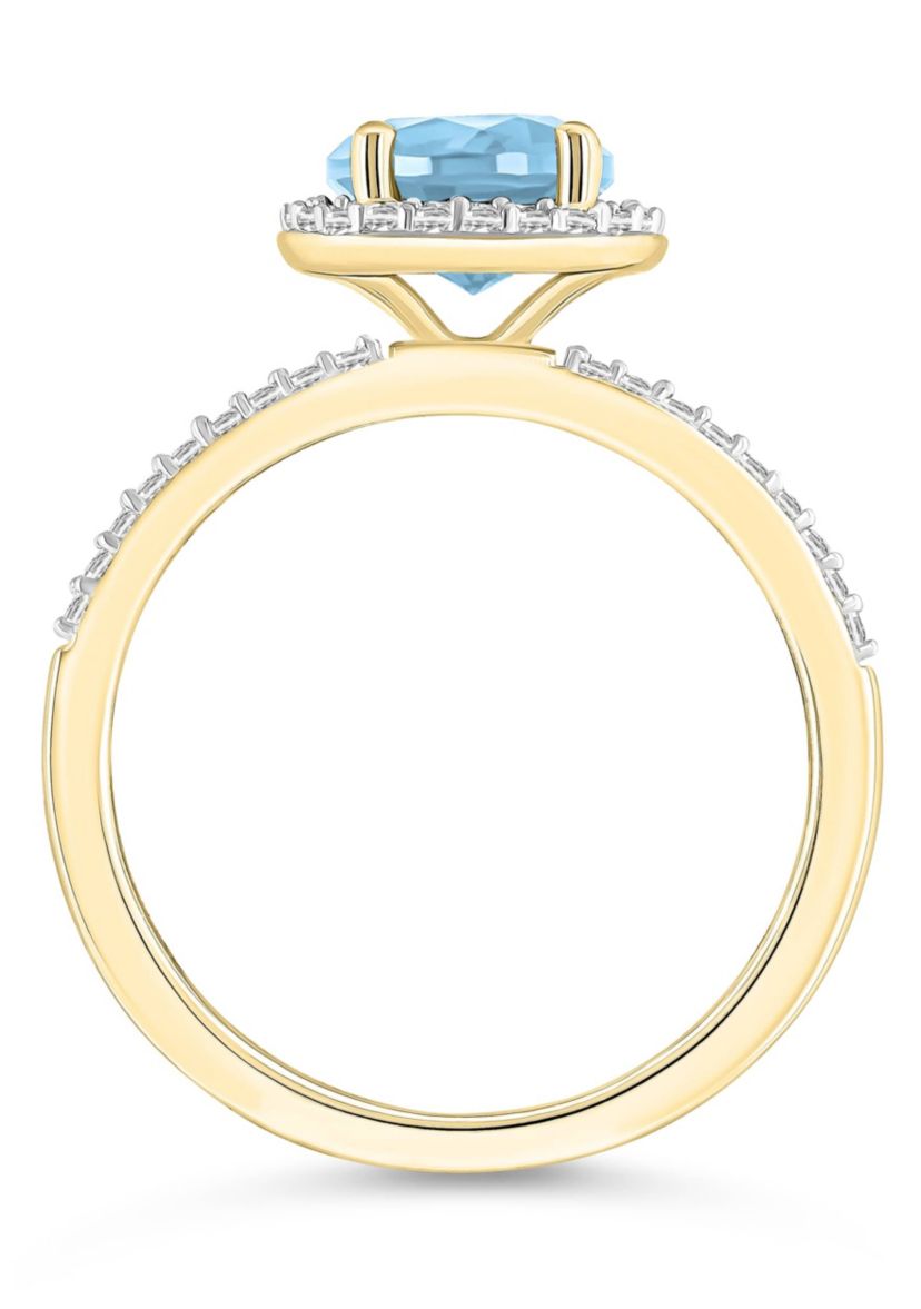 Lab Created 10K Yellow Gold 7mm Round Simulated Aquamarine & Created White Sapphire Halo Ring