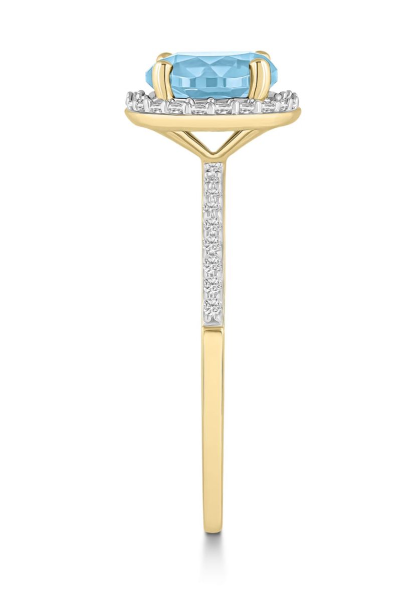 Lab Created 10K Yellow Gold 7mm Round Simulated Aquamarine & Created White Sapphire Halo Ring