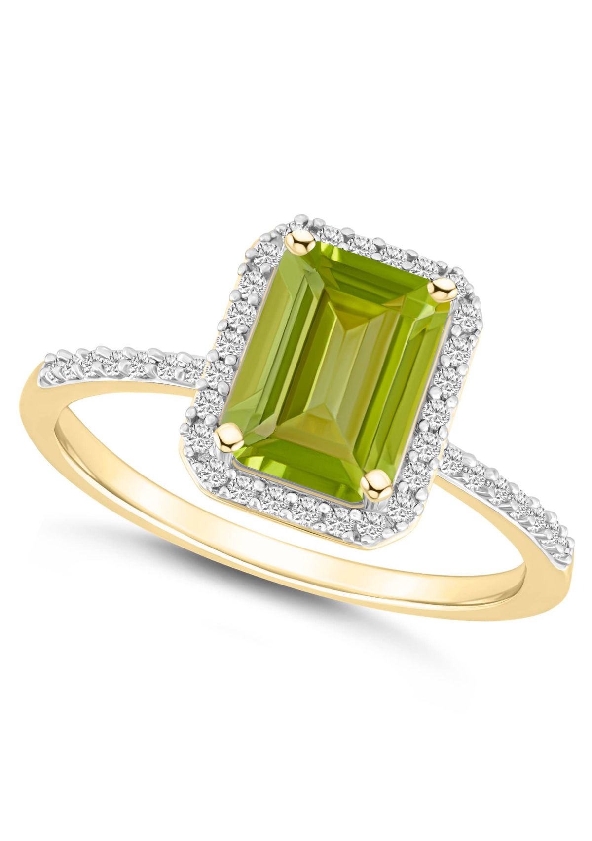 10K Yellow Gold 8x6mm Emerald Cut Peridot & Created White Sapphire Halo Ring
