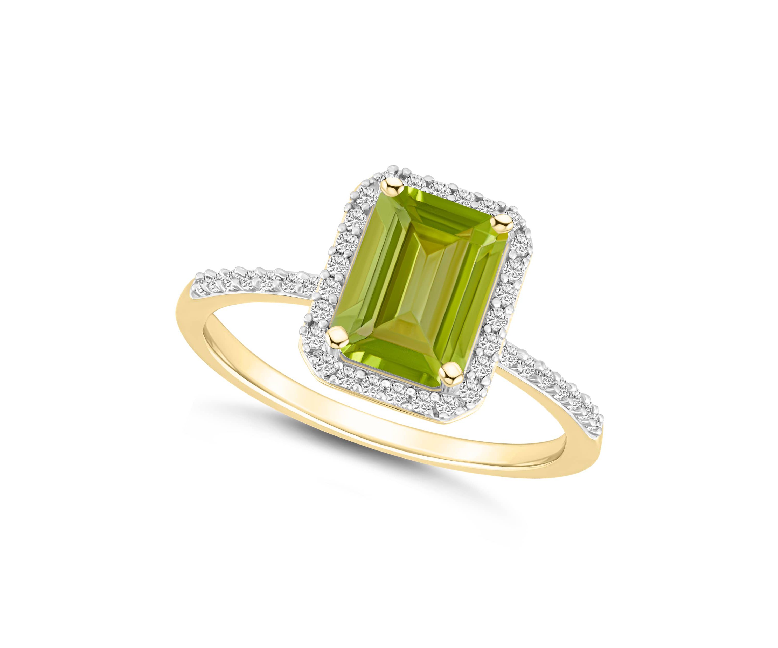 10K Yellow Gold 8x6mm Emerald Cut Peridot & Created White Sapphire Halo Ring