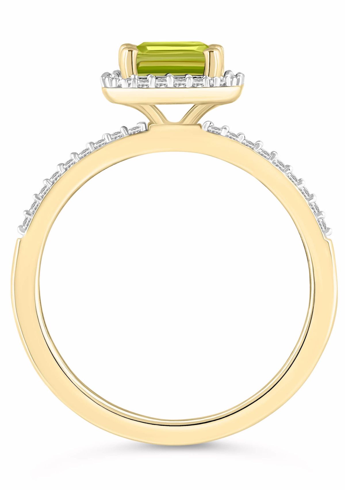10K Yellow Gold 8x6mm Emerald Cut Peridot & Created White Sapphire Halo Ring