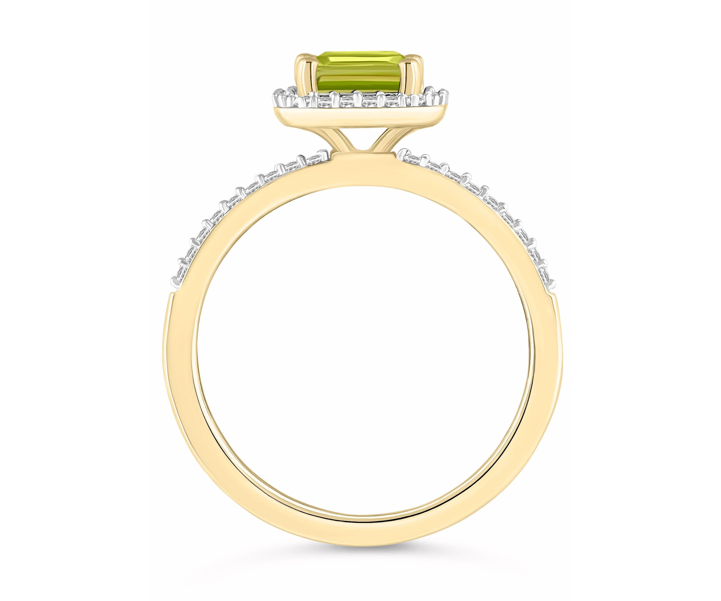 10K Yellow Gold 8x6mm Emerald Cut Peridot & Created White Sapphire Halo Ring