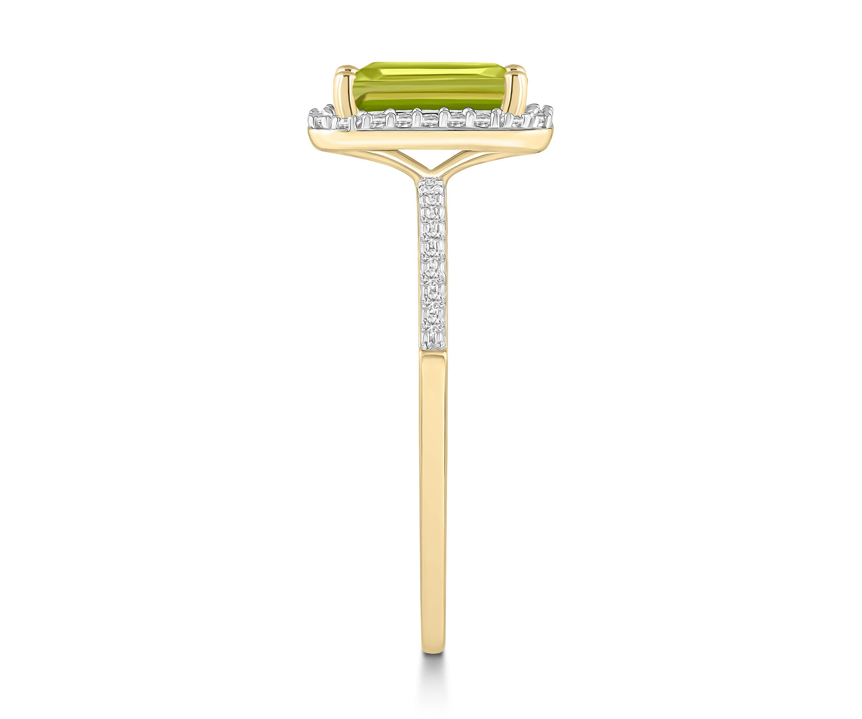 10K Yellow Gold 8x6mm Emerald Cut Peridot & Created White Sapphire Halo Ring