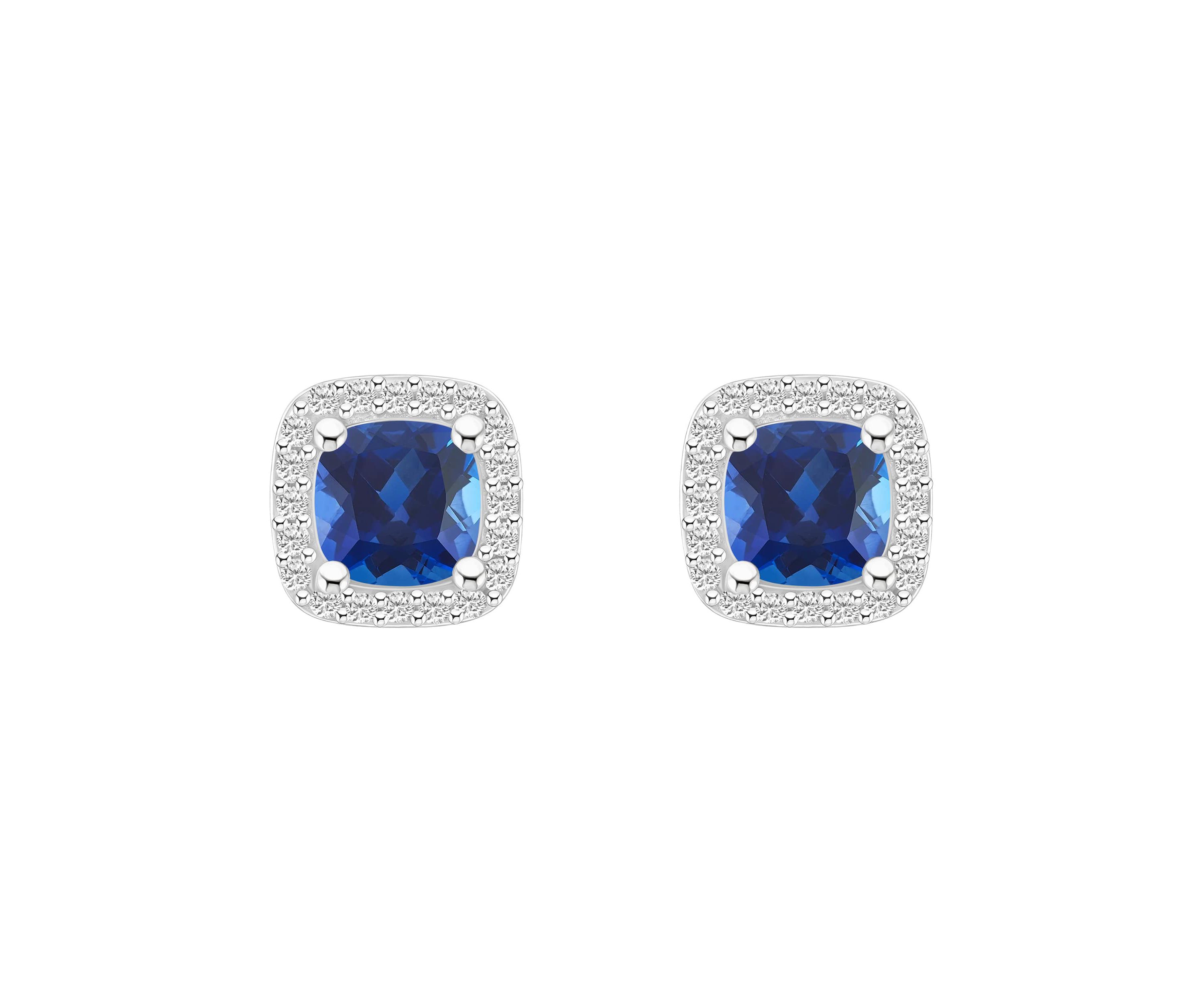 Lab Created 10K Yellow Gold 5mm Cushion Created Sapphire & Created White Sapphire Halo Stud Earrings