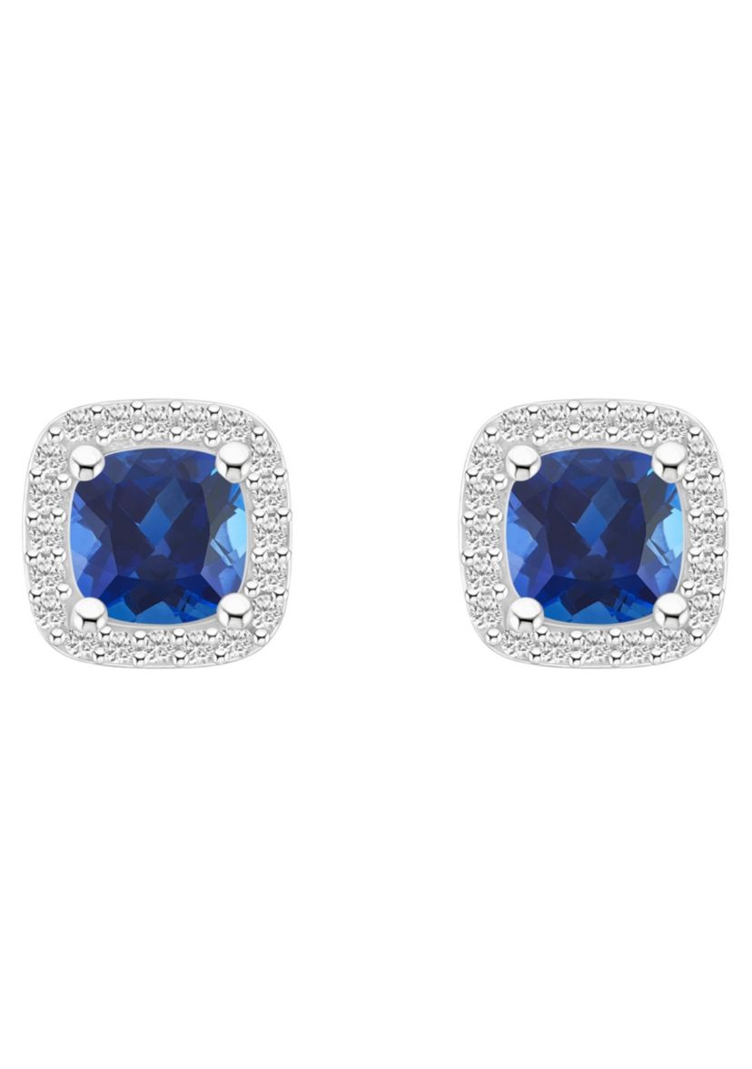 Lab Created 10K Yellow Gold 5mm Cushion Created Sapphire & Created White Sapphire Halo Stud Earrings