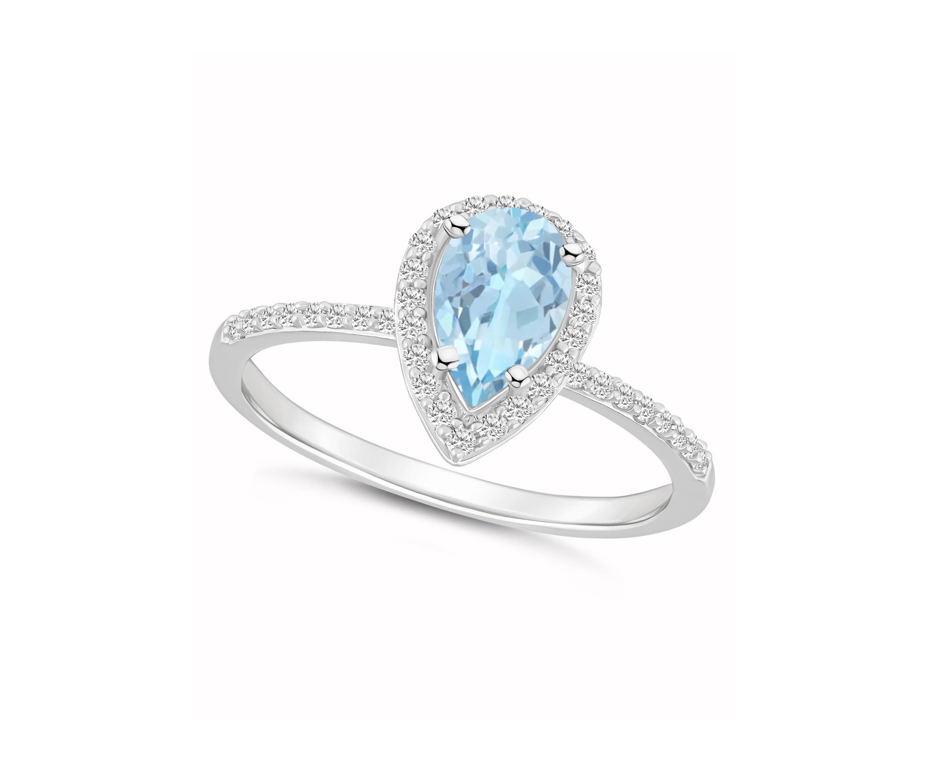 Lab Created 10K White Gold 8x5mm Pear Shape Simulated Aquamarine & Created White Sapphire Halo Ring