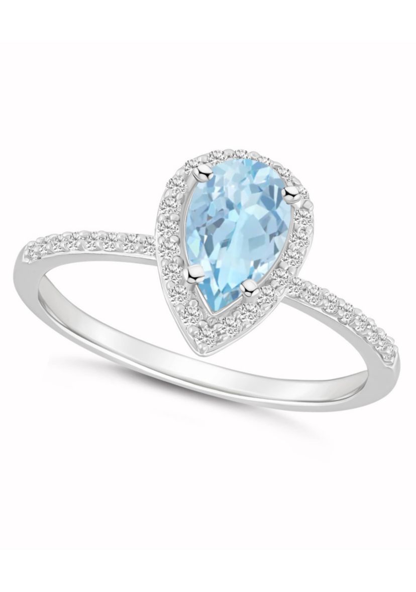 Lab Created 10K White Gold 8x5mm Pear Shape Simulated Aquamarine & Created White Sapphire Halo Ring