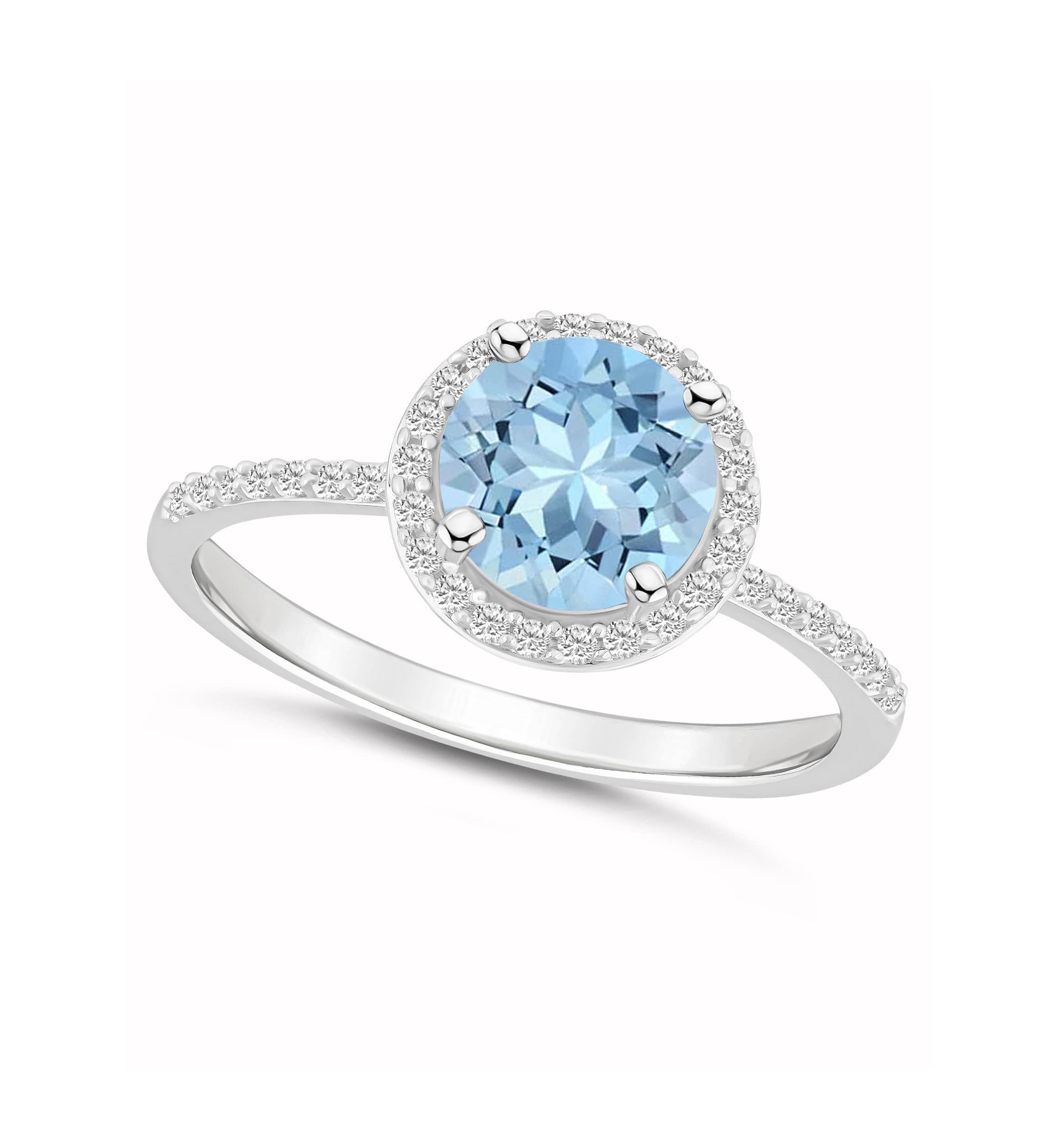 Lab Created 10K White Gold 7mm Round Simulated Aquamarine & Created White Sapphire Halo Ring