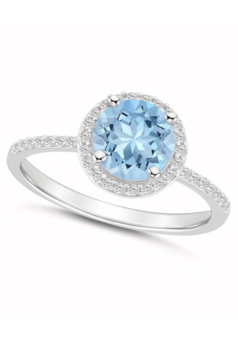Lab Created 10K White Gold 7mm Round Simulated Aquamarine & Created White Sapphire Halo Ring
