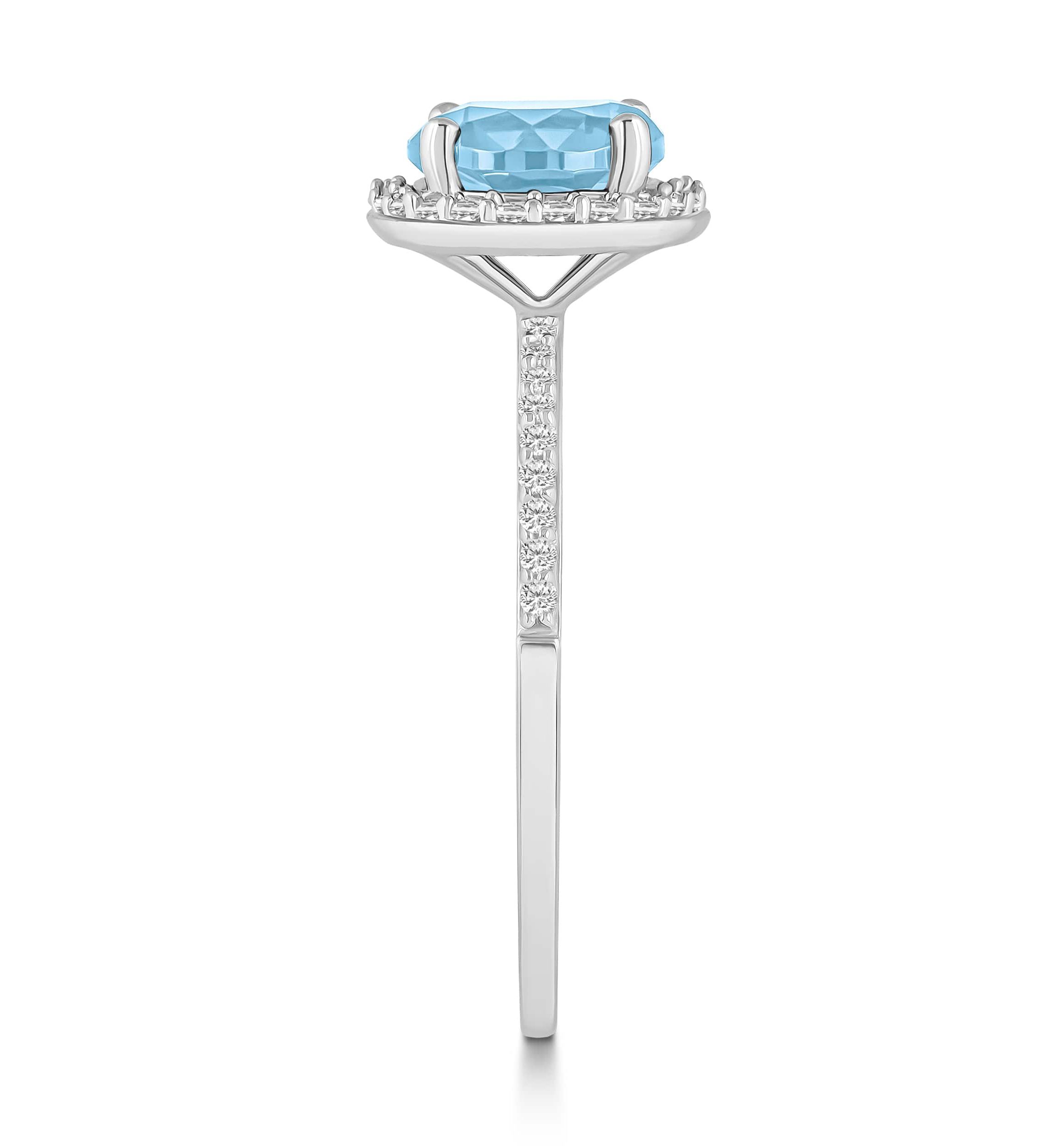 Lab Created 10K White Gold 7mm Round Simulated Aquamarine & Created White Sapphire Halo Ring