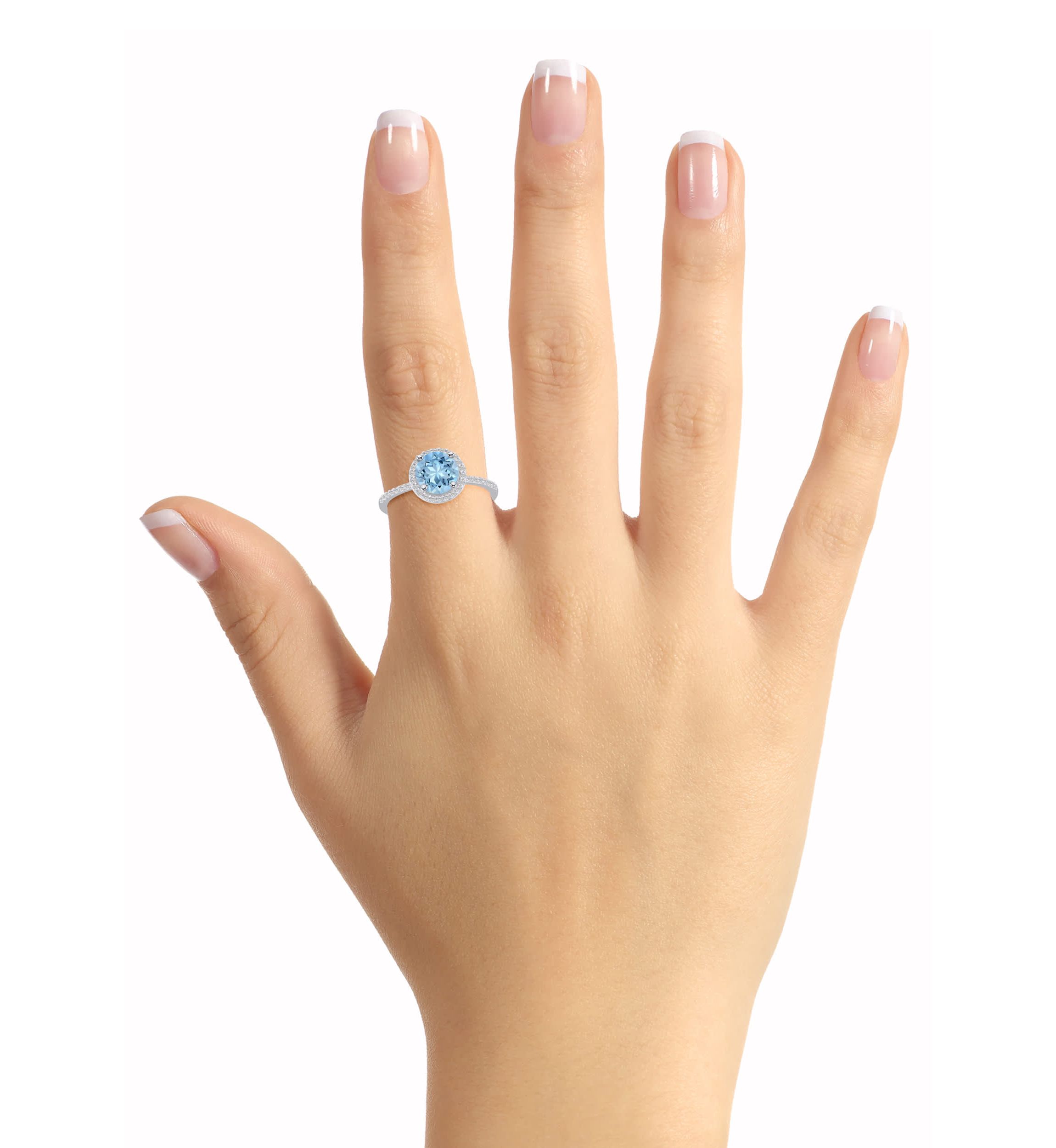 Lab Created 10K White Gold 7mm Round Simulated Aquamarine & Created White Sapphire Halo Ring