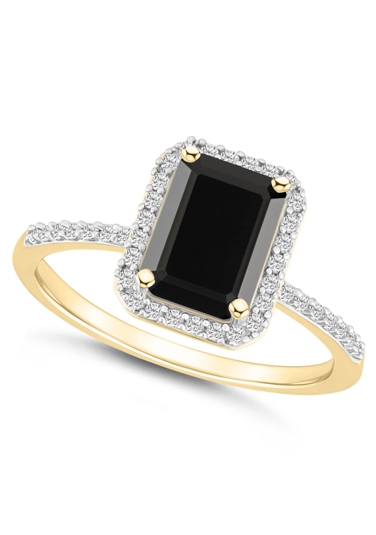 10K Yellow Gold 8x6mm Emerald Cut Black Onyx & Created White Sapphire Halo Ring