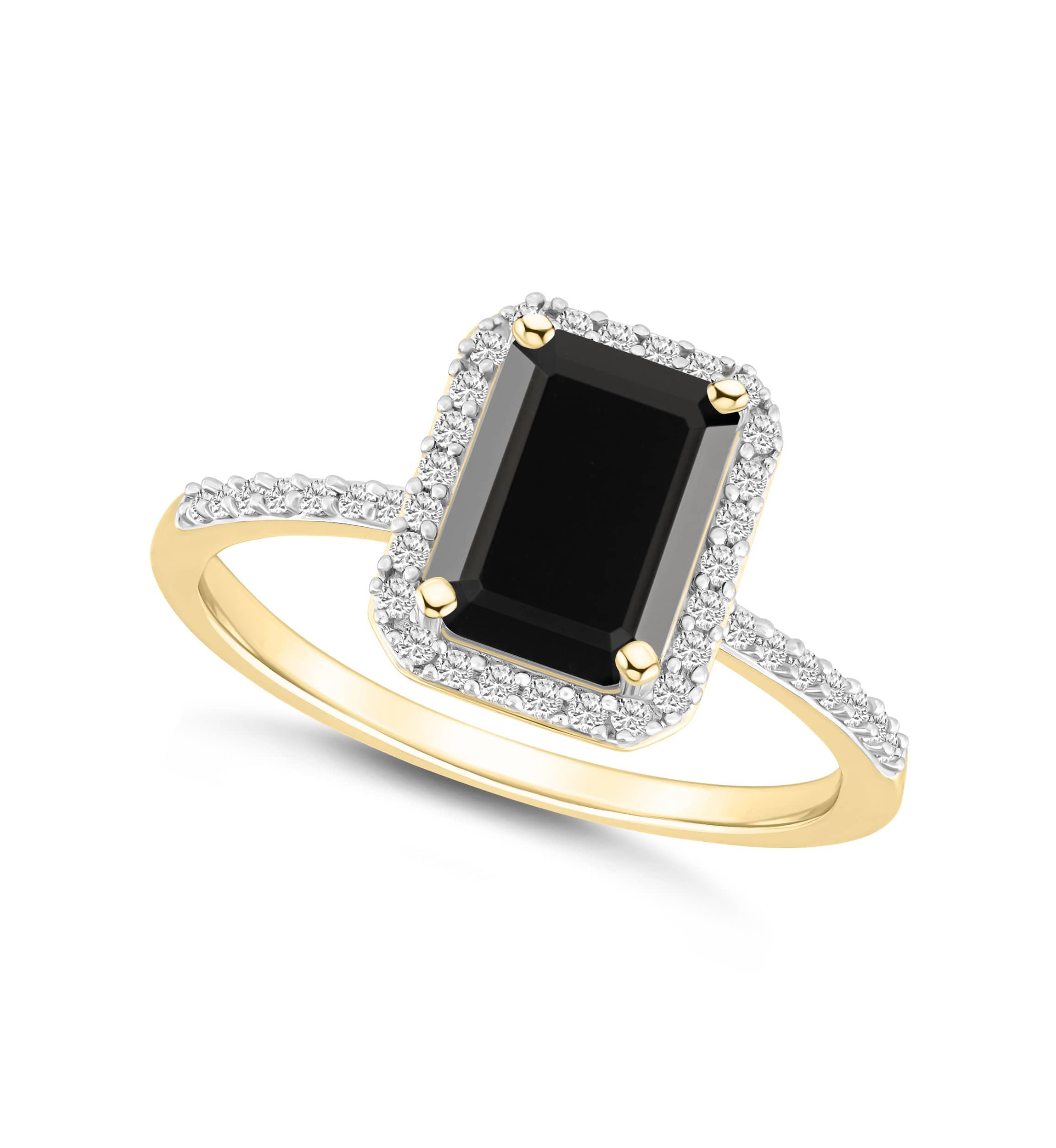 10K Yellow Gold 8x6mm Emerald Cut Black Onyx & Created White Sapphire Halo Ring