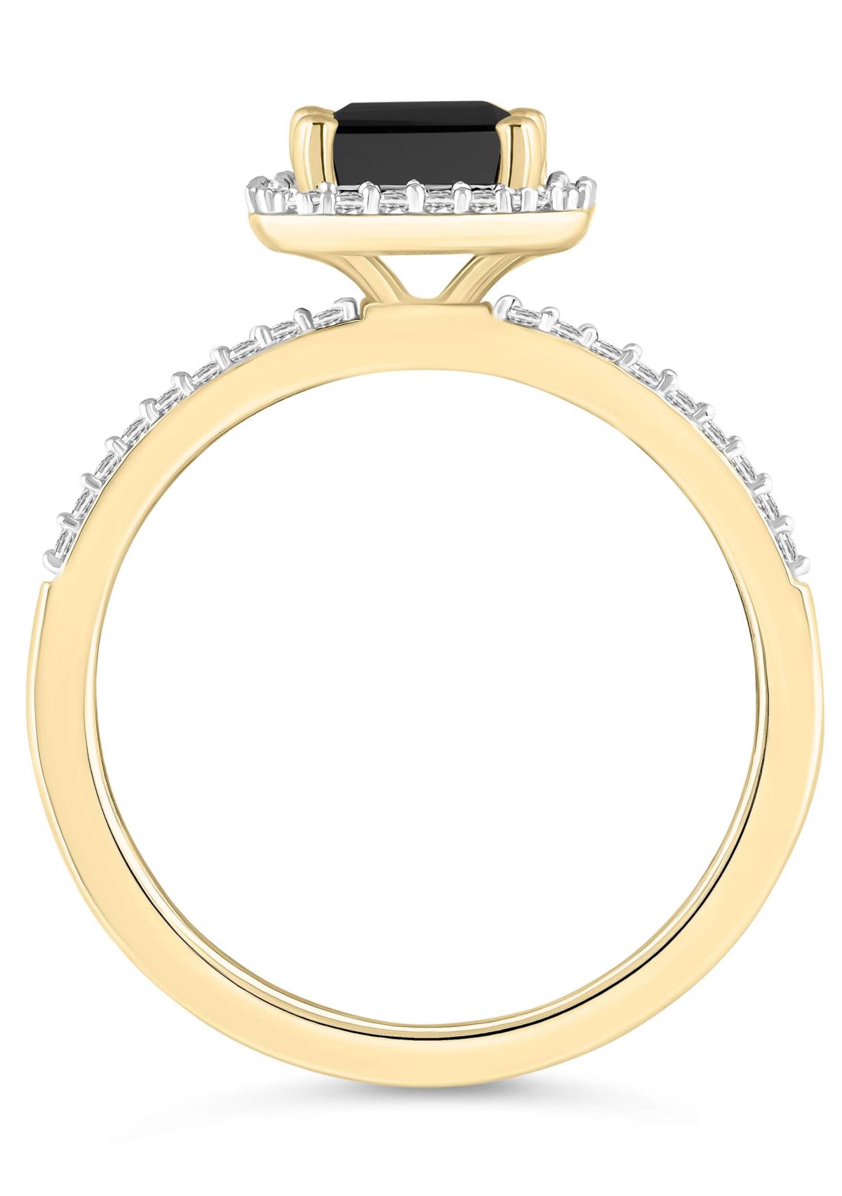 10K Yellow Gold 8x6mm Emerald Cut Black Onyx & Created White Sapphire Halo Ring