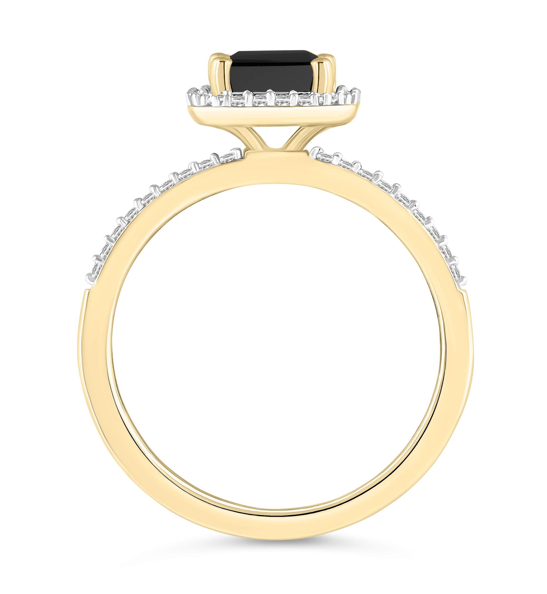 10K Yellow Gold 8x6mm Emerald Cut Black Onyx & Created White Sapphire Halo Ring