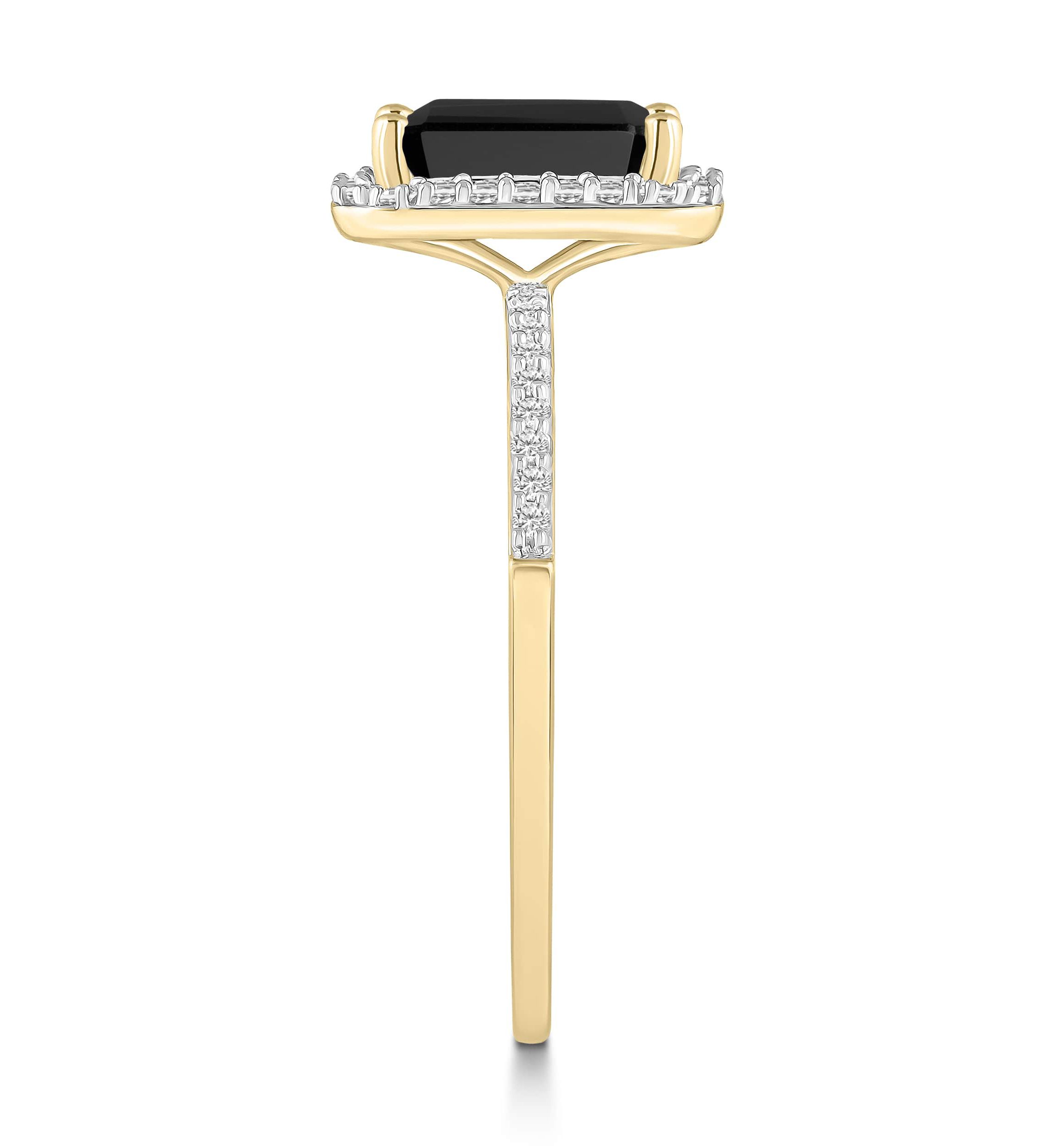 10K Yellow Gold 8x6mm Emerald Cut Black Onyx & Created White Sapphire Halo Ring