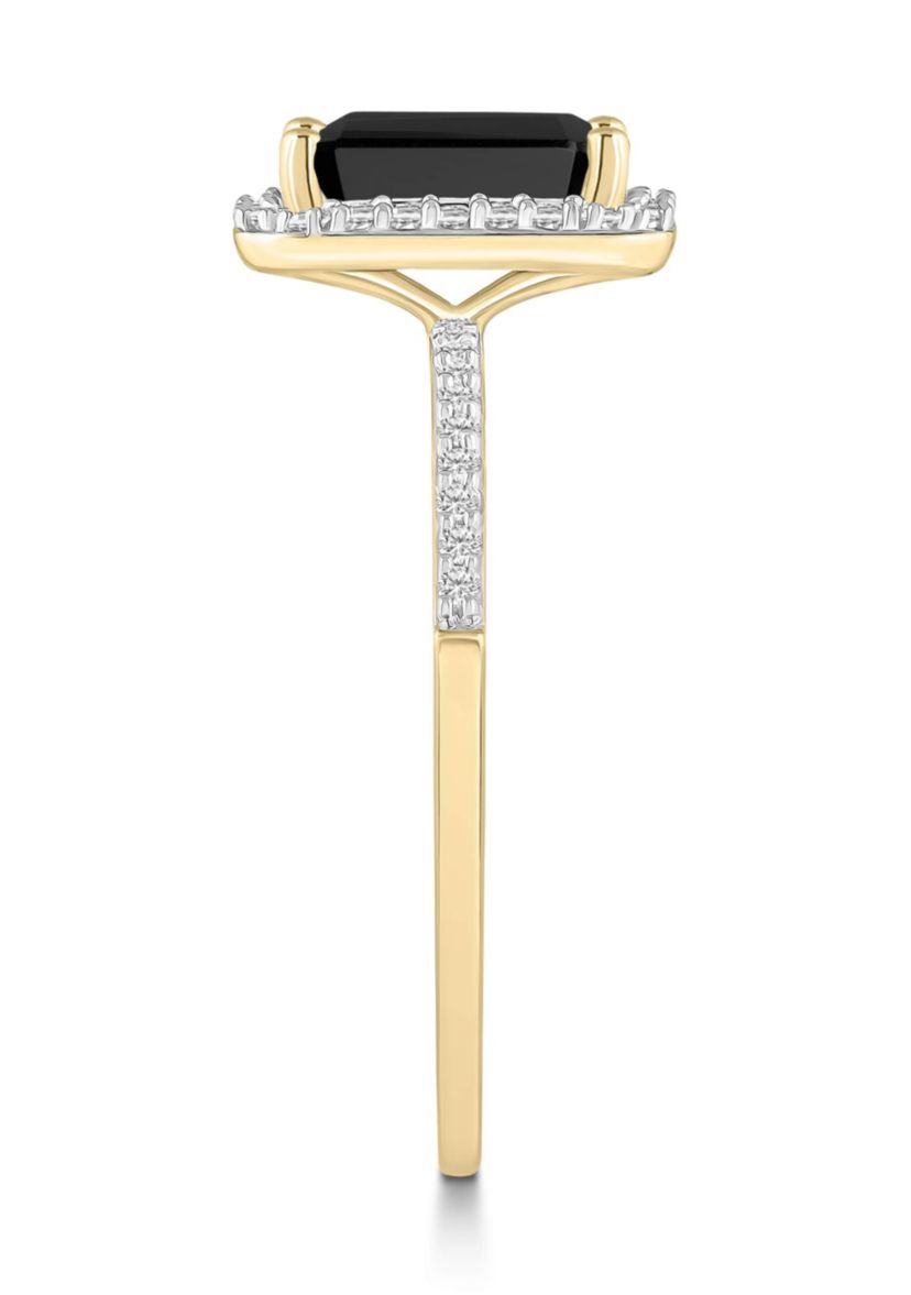 10K Yellow Gold 8x6mm Emerald Cut Black Onyx & Created White Sapphire Halo Ring