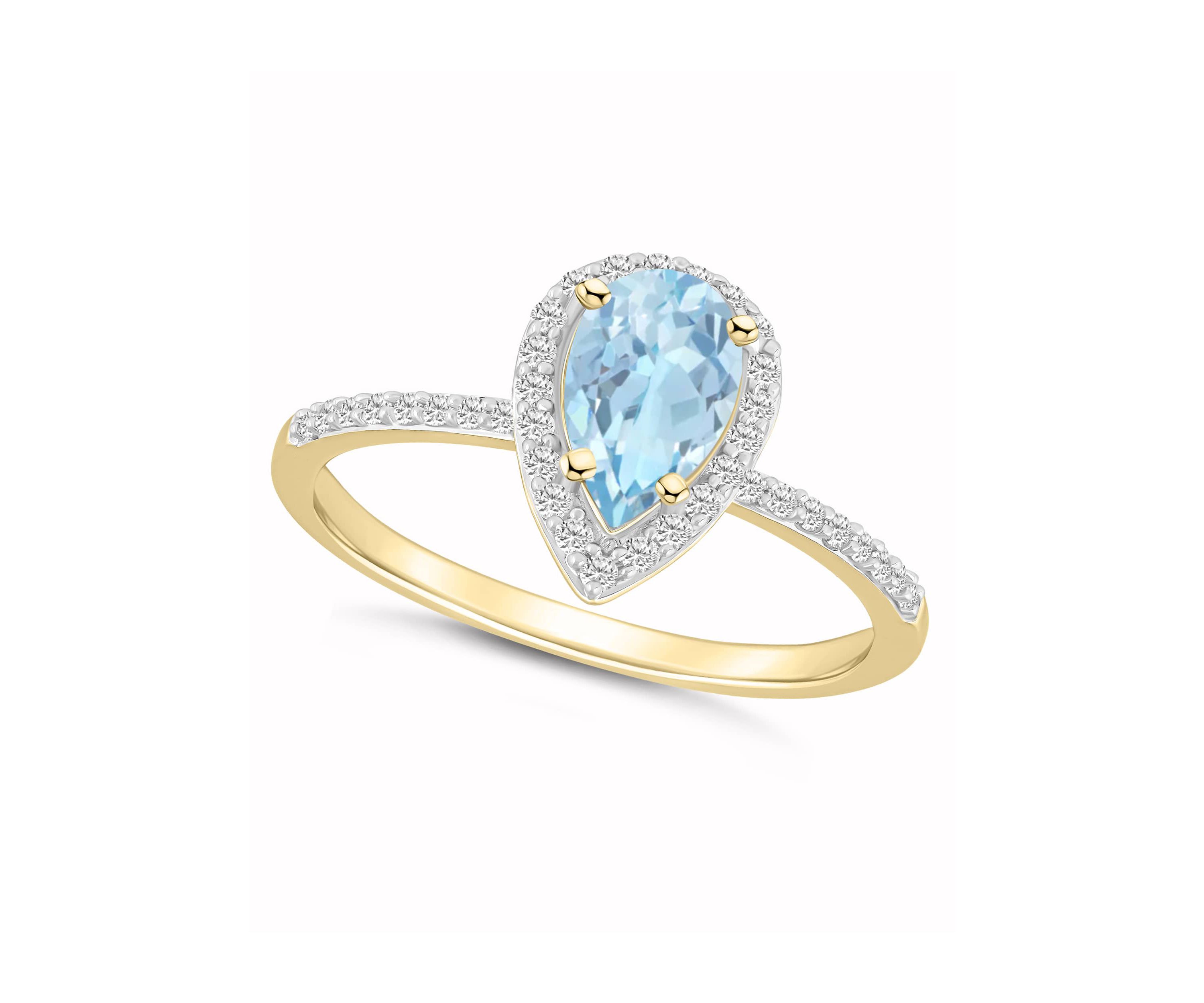Lab Created 10K Yellow Gold 8x5mm Pear Shape Simulated Aquamarine & Created White Sapphire Halo Ring