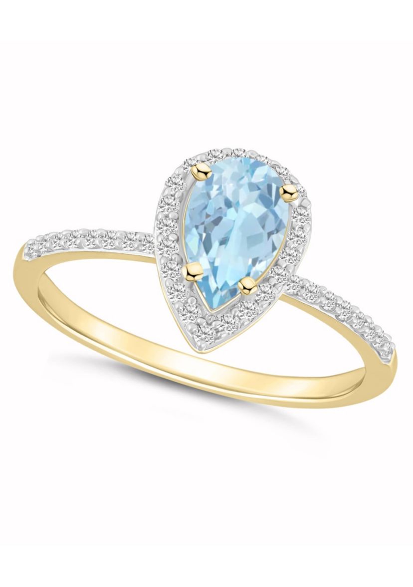 Lab Created 10K Yellow Gold 8x5mm Pear Shape Simulated Aquamarine & Created White Sapphire Halo Ring