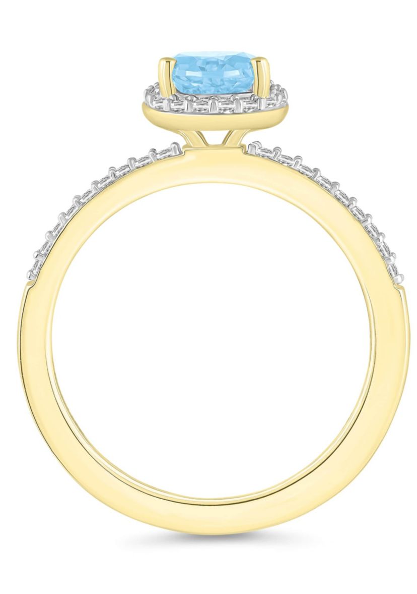 Lab Created 10K Yellow Gold 8x5mm Pear Shape Simulated Aquamarine & Created White Sapphire Halo Ring