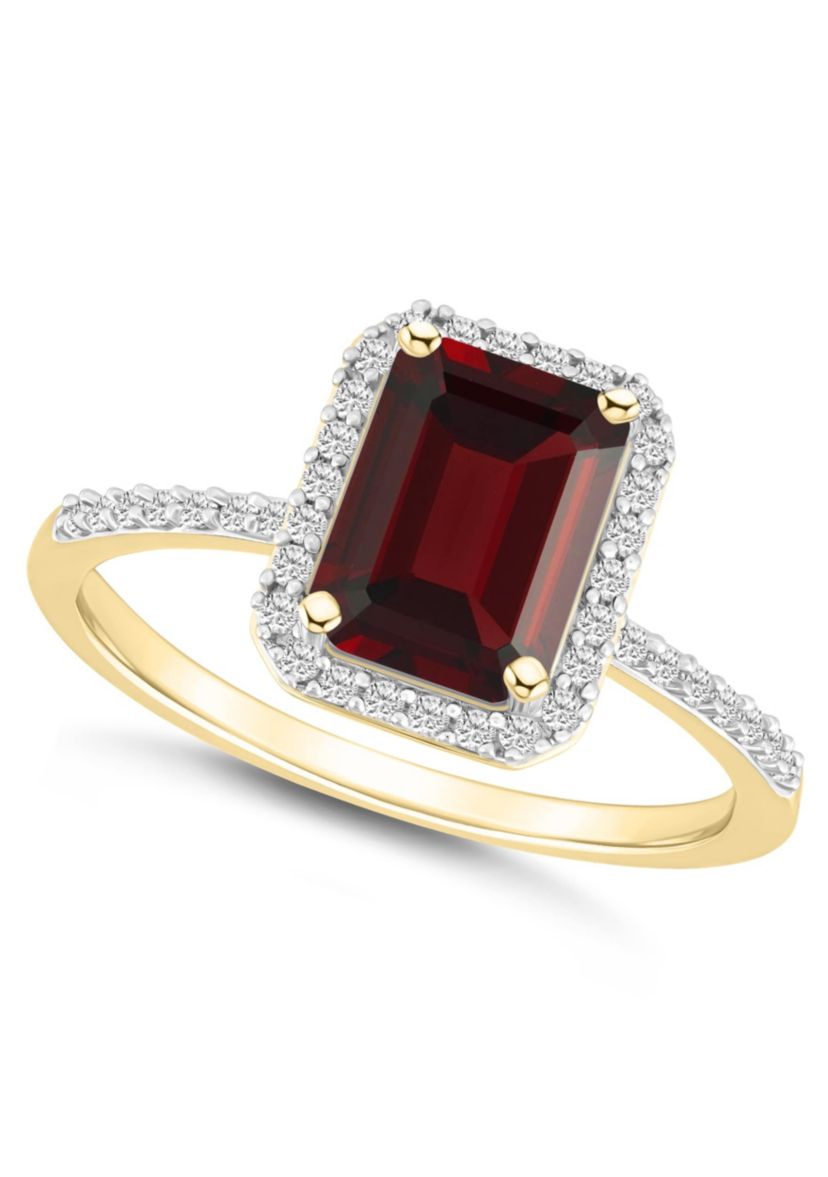10K Yellow Gold 8x6mm Emerald Cut Garnet & Created White Sapphire Halo Ring