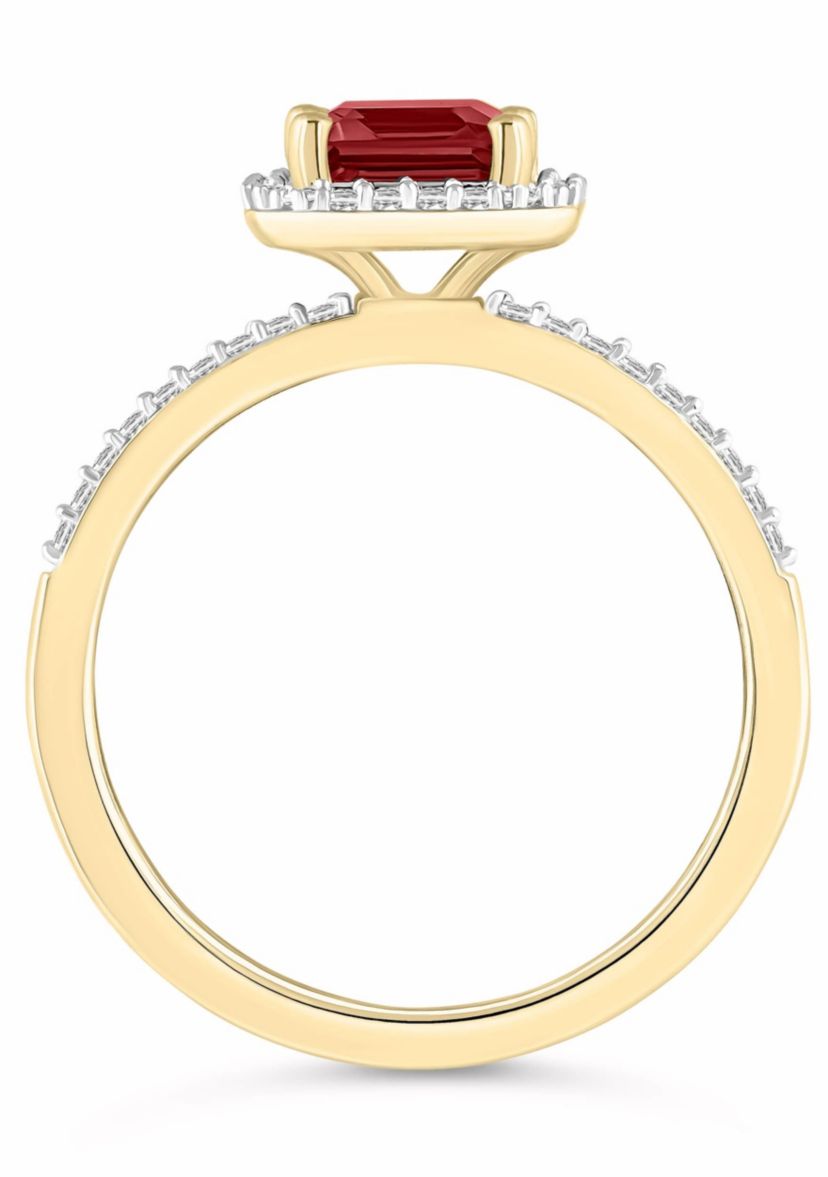 10K Yellow Gold 8x6mm Emerald Cut Garnet & Created White Sapphire Halo Ring
