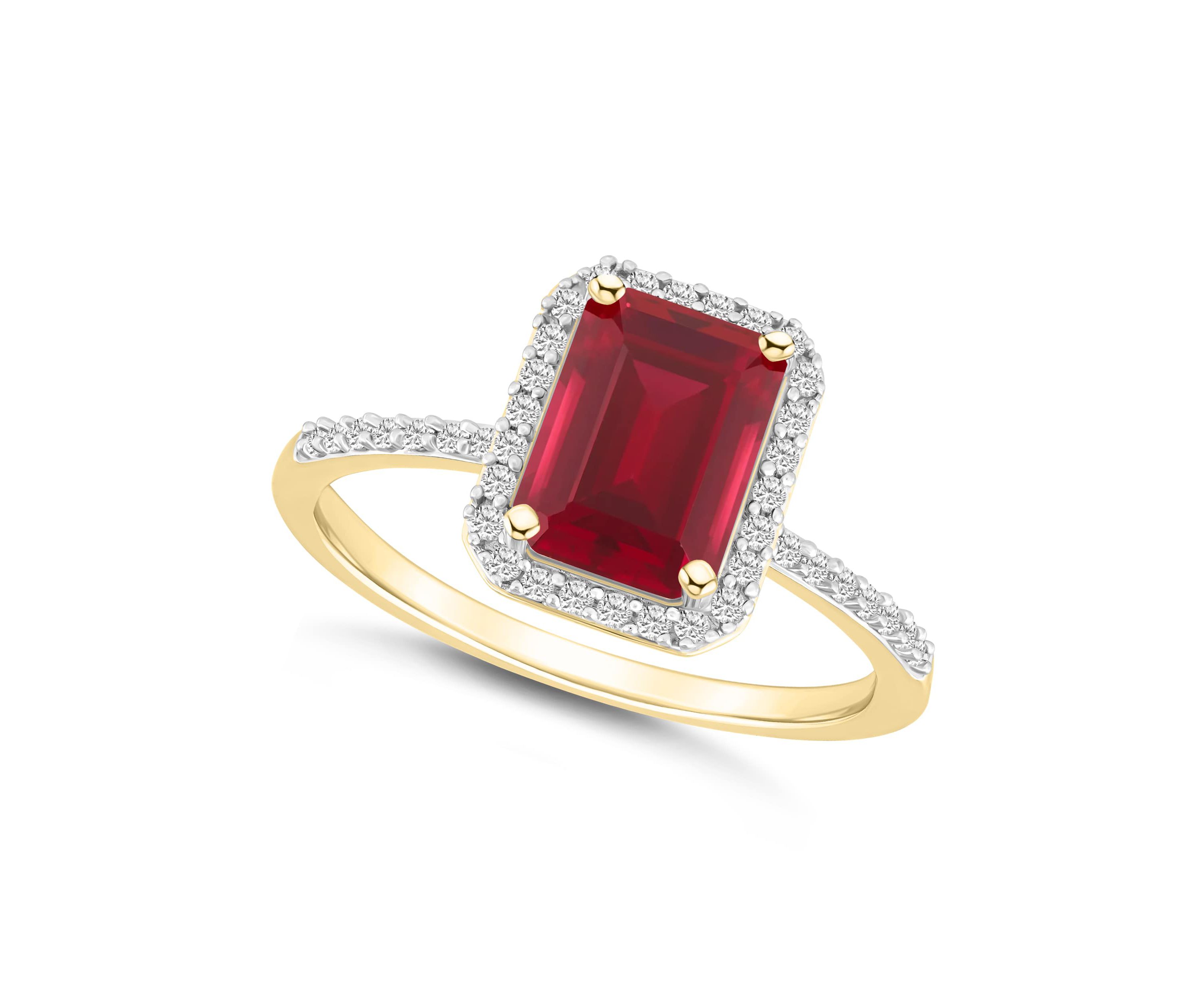 Lab Created 10K Yellow Gold 8x6mm Emerald Cut Created Ruby & Created White Sapphire Halo Ring