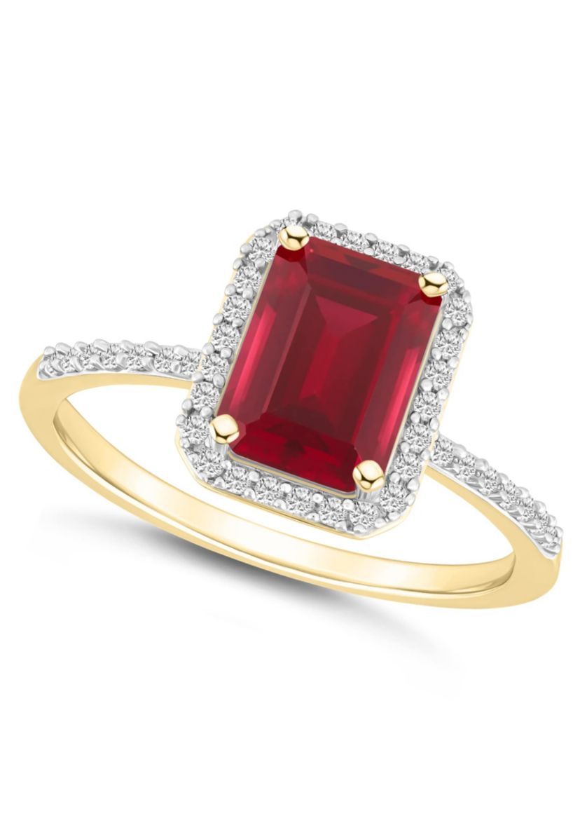 Lab Created 10K Yellow Gold 8x6mm Emerald Cut Created Ruby & Created White Sapphire Halo Ring