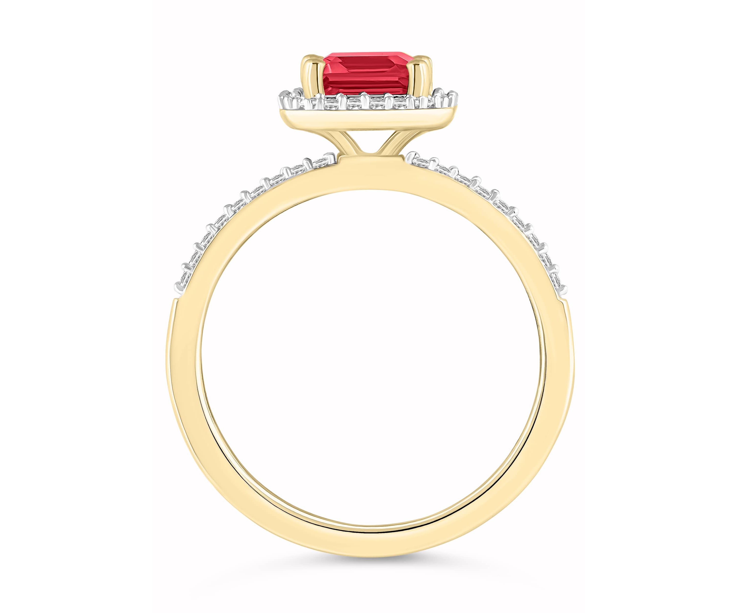 Lab Created 10K Yellow Gold 8x6mm Emerald Cut Created Ruby & Created White Sapphire Halo Ring