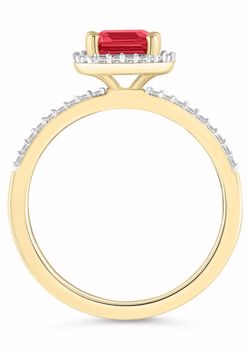 Lab Created 10K Yellow Gold 8x6mm Emerald Cut Created Ruby & Created White Sapphire Halo Ring