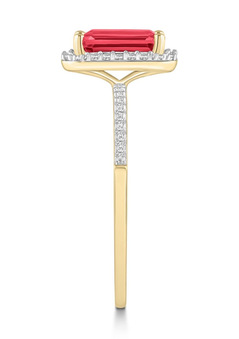 Lab Created 10K Yellow Gold 8x6mm Emerald Cut Created Ruby & Created White Sapphire Halo Ring