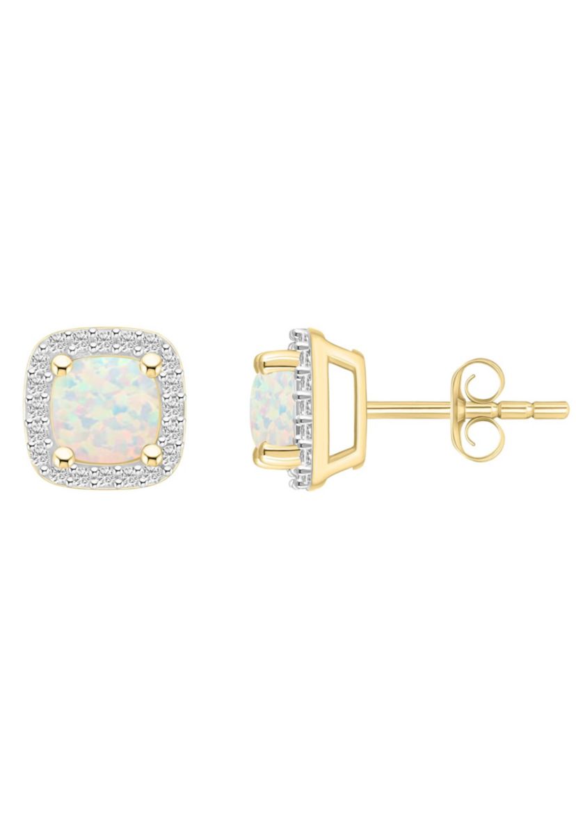 Lab Created 10K White Gold 5mm Cushion Created Opal & Created White Sapphire Halo Stud Earrings