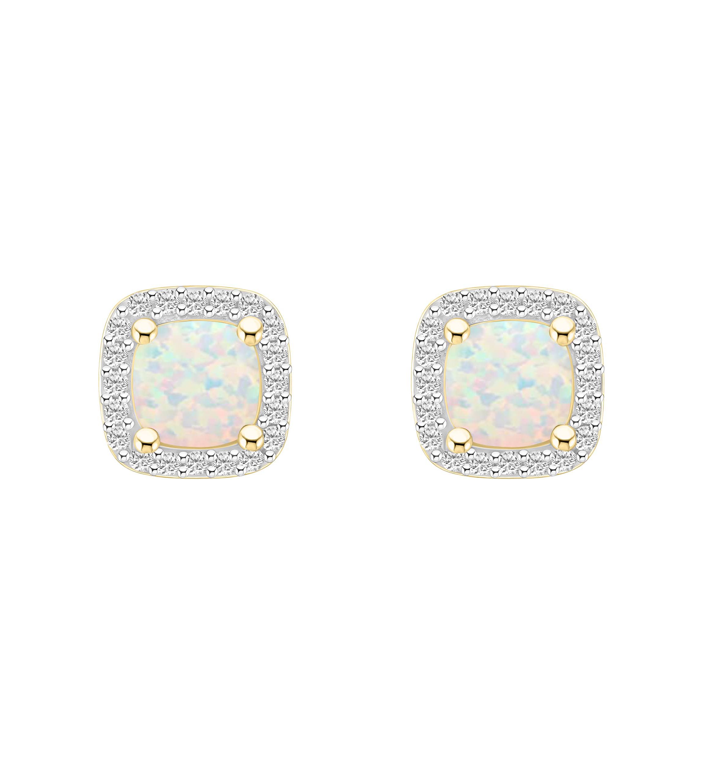 Lab Created 10K White Gold 5mm Cushion Created Opal & Created White Sapphire Halo Stud Earrings